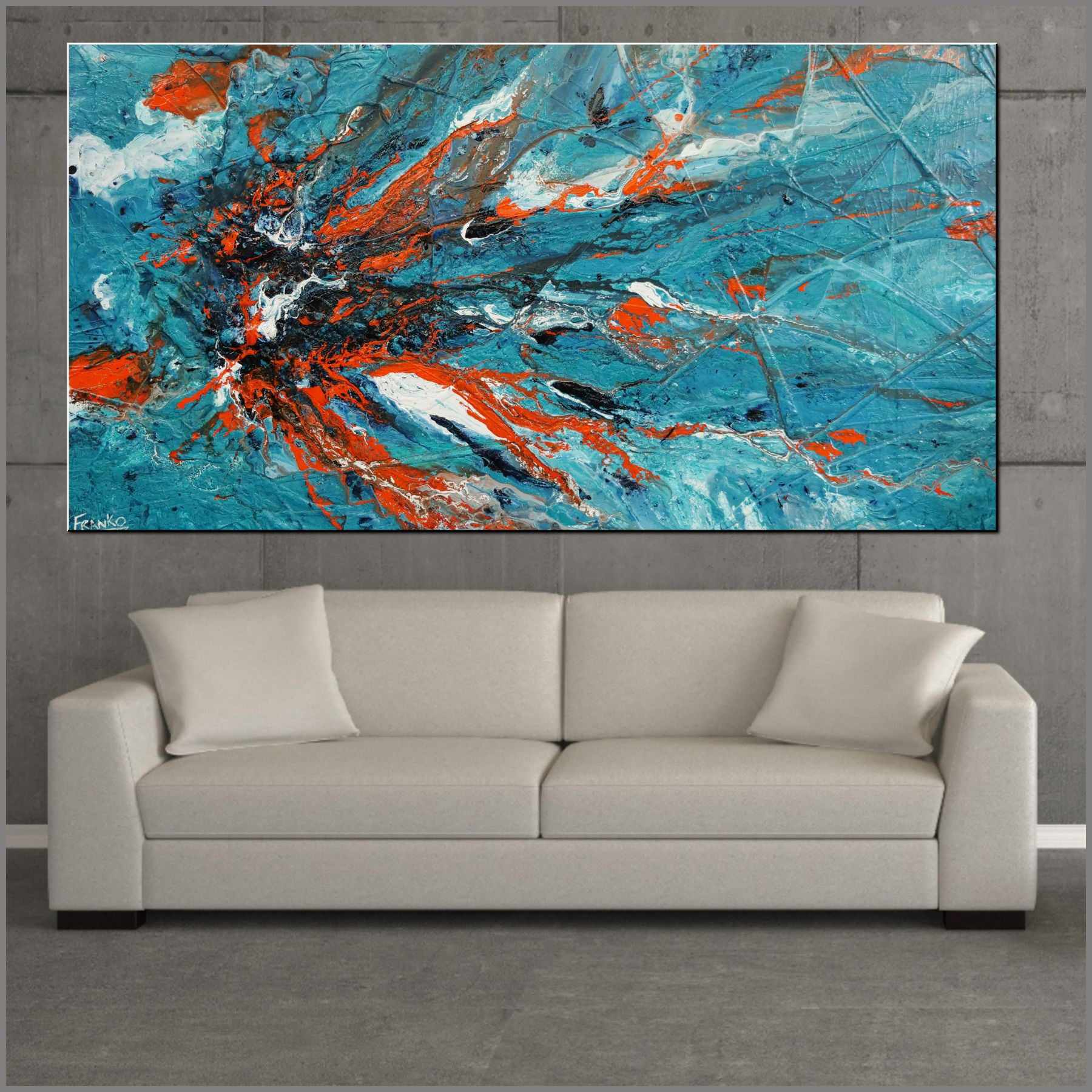 Wild Aquatica 190cm x 100cm Turquoise Orange Textured Abstract Painting (SOLD)-Abstract-[Franko_Artist]-[Australian_artist]-[Gold_Coast]-[Brisbane]-[modern]-[contemporary]-[original]-[Large_artwork]-[The_Block]-[Dream_Homes]-[ideas]-[Grand_Designs]-[Art_Lover]-Franklin Art Studio