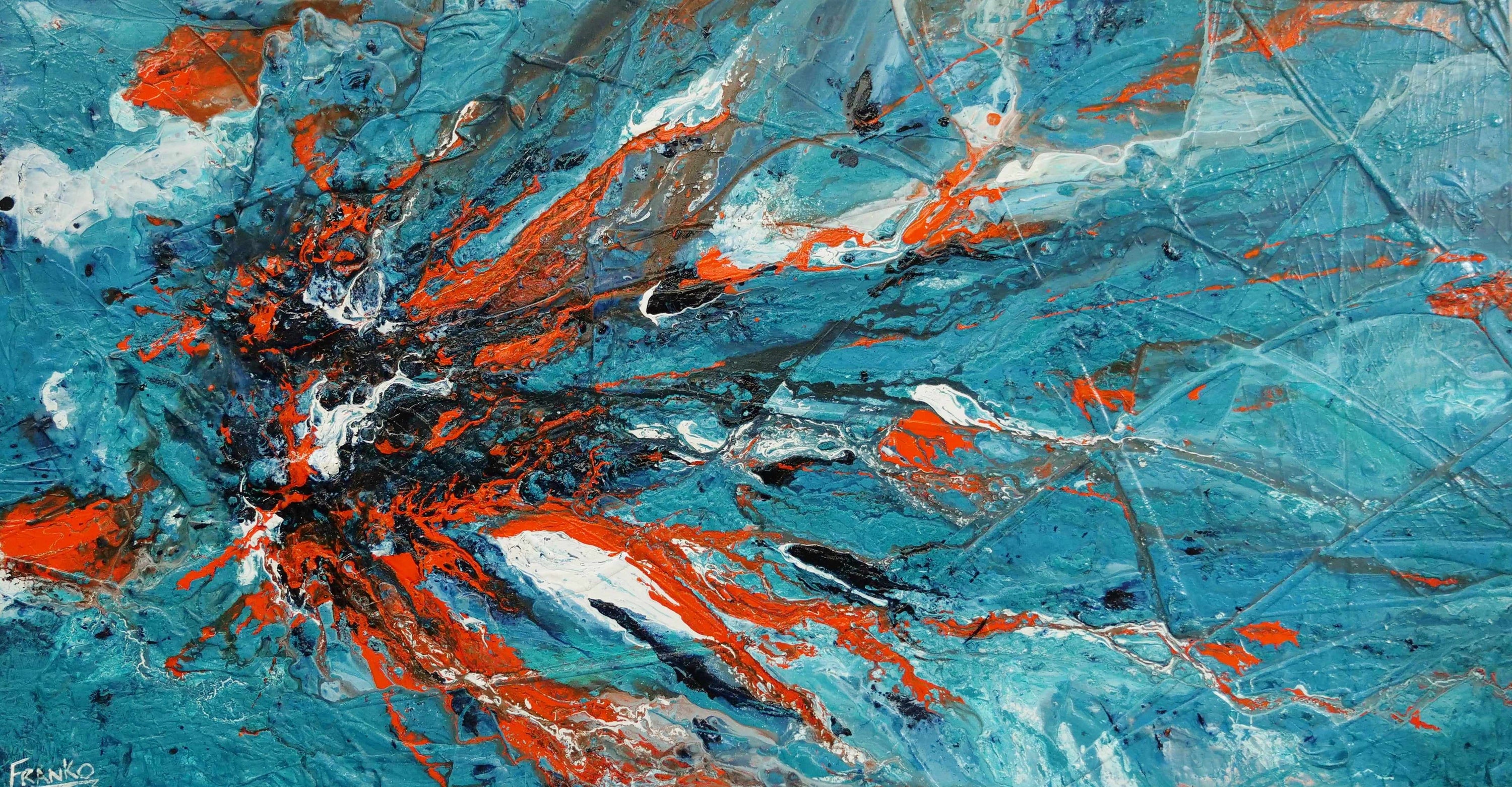 Wild Aquatica 190cm x 100cm Turquoise Orange Textured Abstract Painting (SOLD)-Abstract-[Franko_Artist]-[Australian_artist]-[Gold_Coast]-[Brisbane]-[modern]-[contemporary]-[original]-[Large_artwork]-Franklin Art Studio