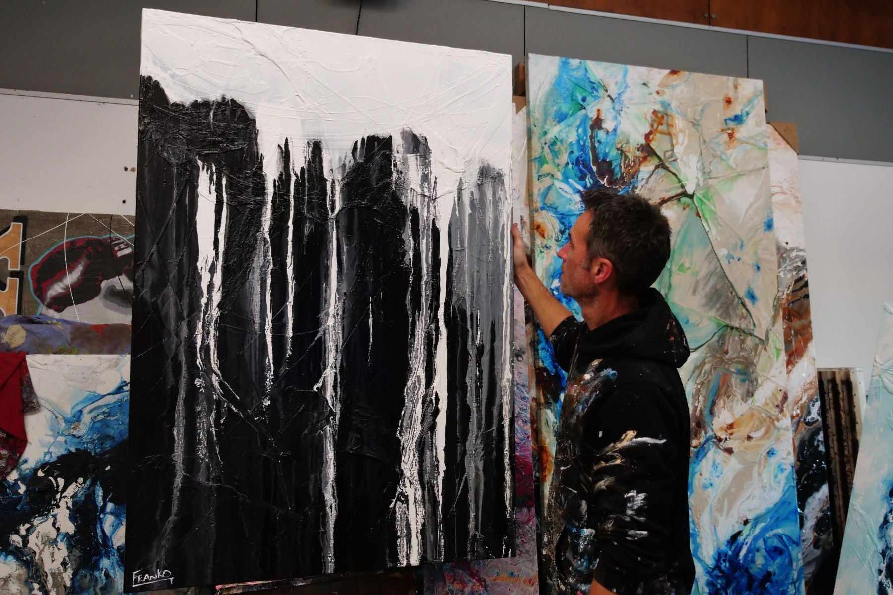 Wild Black Jellyfish 140cm x 100cm Black White Textured Abstract Painting (SOLD)-Abstract-[Franko_Artist]-[The_Block]-[Dream_Homes]-[ideas]- [Grand_Designs]-Franklin Art Studio