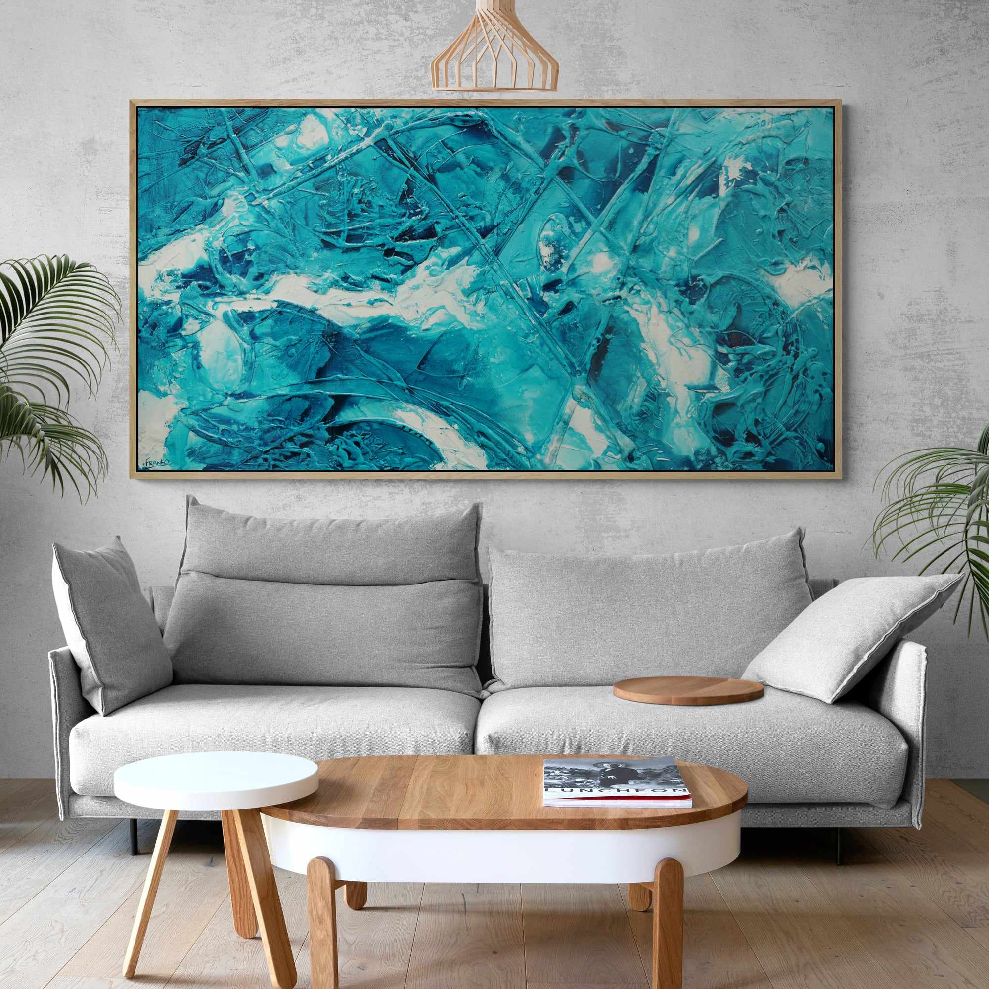 Wild Southern and Ice 190cm x 100cm Teal White Ink Textured Abstract Painting (SOLD)-Abstract-[Franko_Artist]-[The_Block]-[Dream_Homes]-[ideas]- [Grand_Designs]-Franklin Art Studio