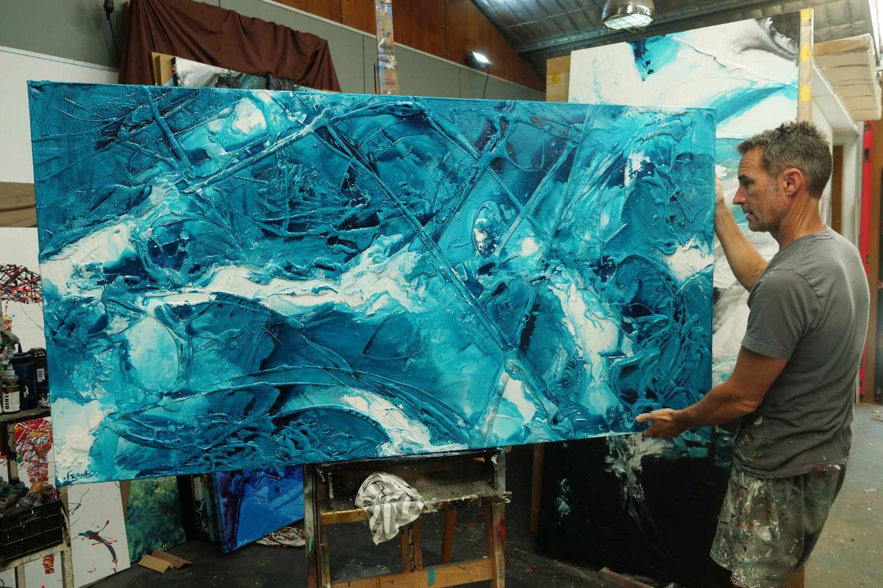 Wild Southern and Ice 190cm x 100cm Teal White Ink Textured Abstract Painting (SOLD)-Abstract-[Franko_Artist]-[The_Block]-[Dream_Homes]-[ideas]-[Grand_Designs]-[Art_Lover]-Franklin Art Studio