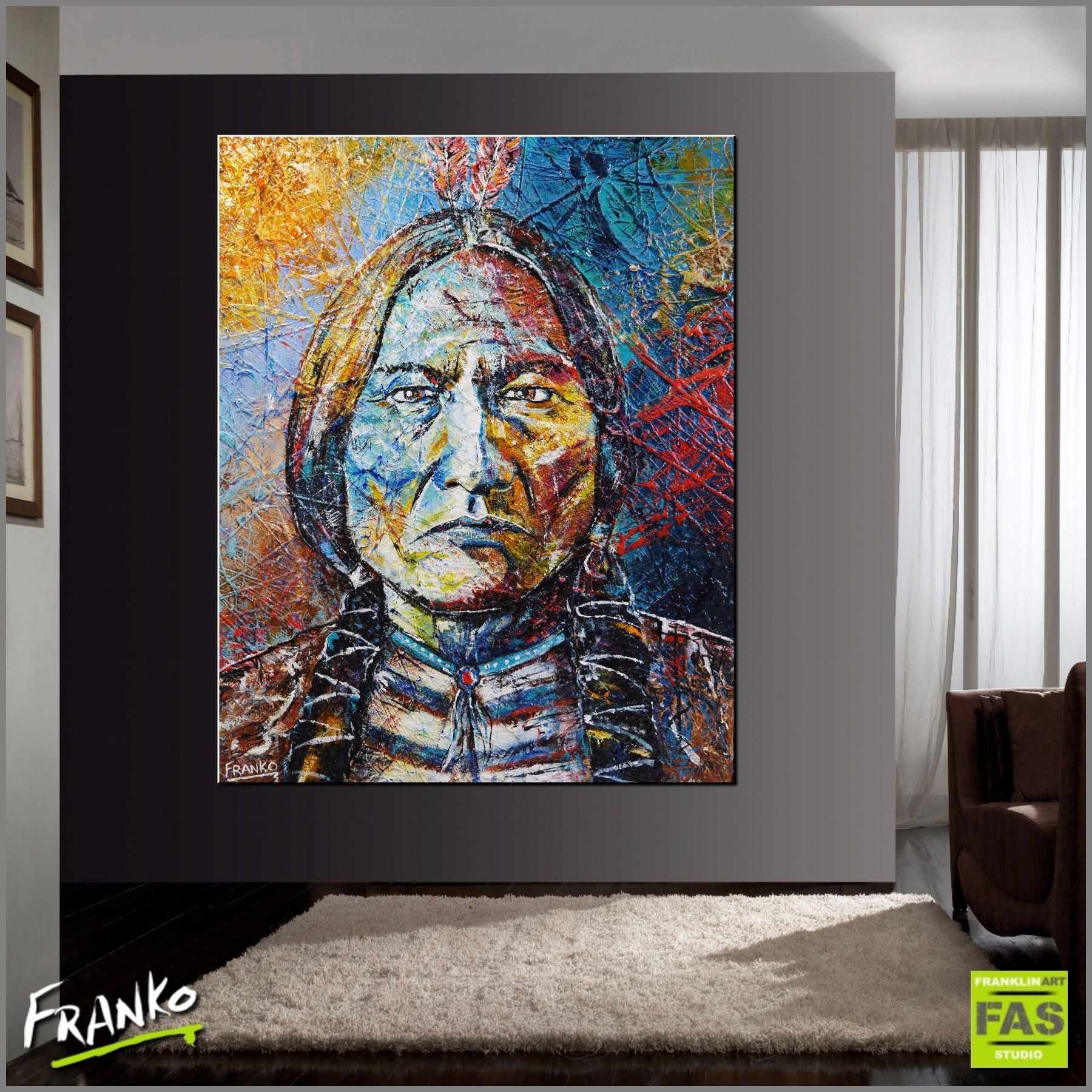 Wisdom Of Sitting Bull 120cm x 150cm Indian Chief Painting (SOLD)-abstract realism-[Franko_Artist]-[Australian_artist]-[Gold_Coast]-[Brisbane]-[modern]-[contemporary]-[original]-[Large_artwork]-[The_Block]-[Dream_Homes]-[ideas]-[Grand_Designs]-[Art_Lover]-Franklin Art Studio