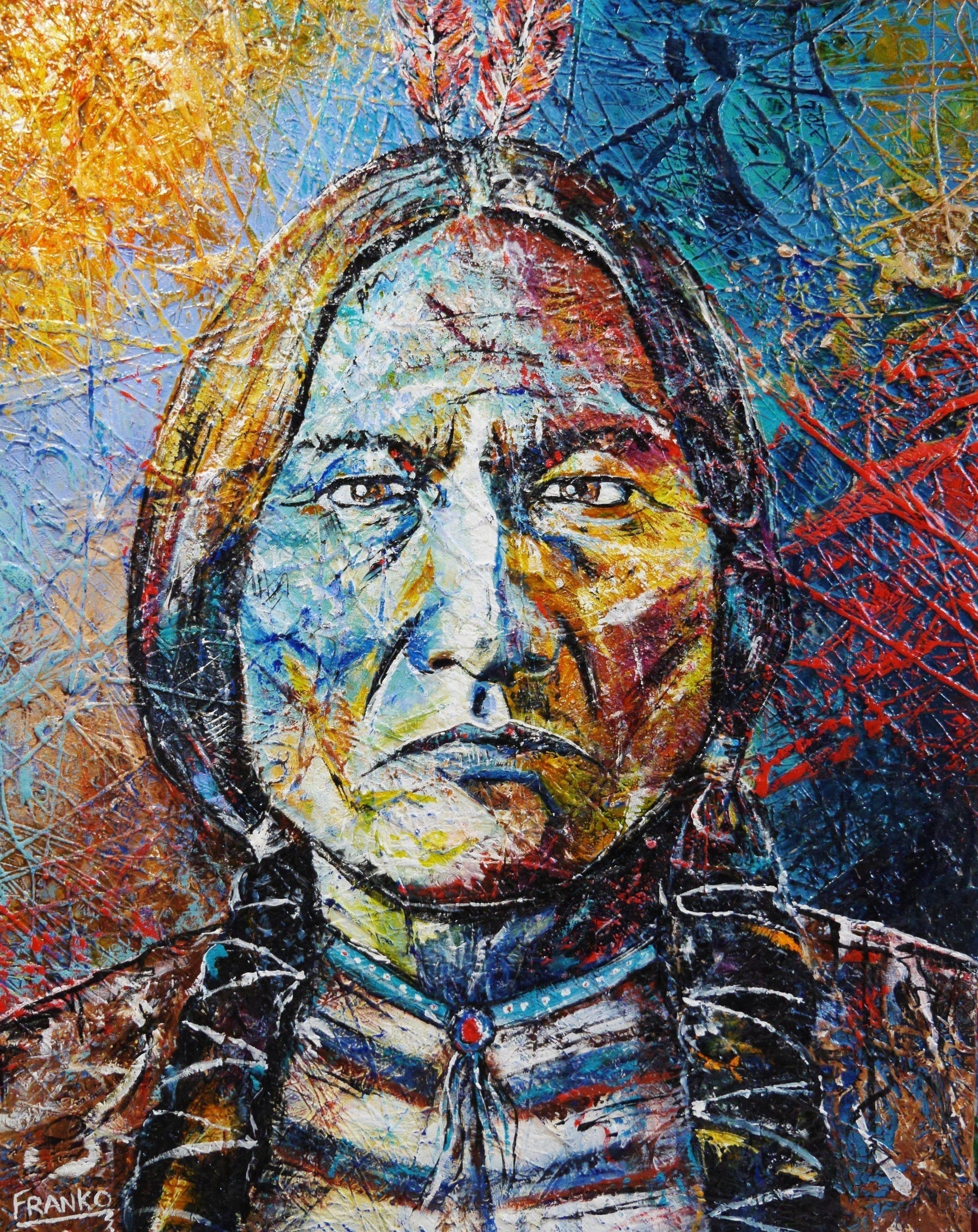 Wisdom Of Sitting Bull 120cm x 150cm Indian Chief Painting (SOLD)-abstract realism-[Franko_Artist]-[Australian_artist]-[Gold_Coast]-[Brisbane]-[modern]-[contemporary]-[original]-[Large_artwork]-Franklin Art Studio