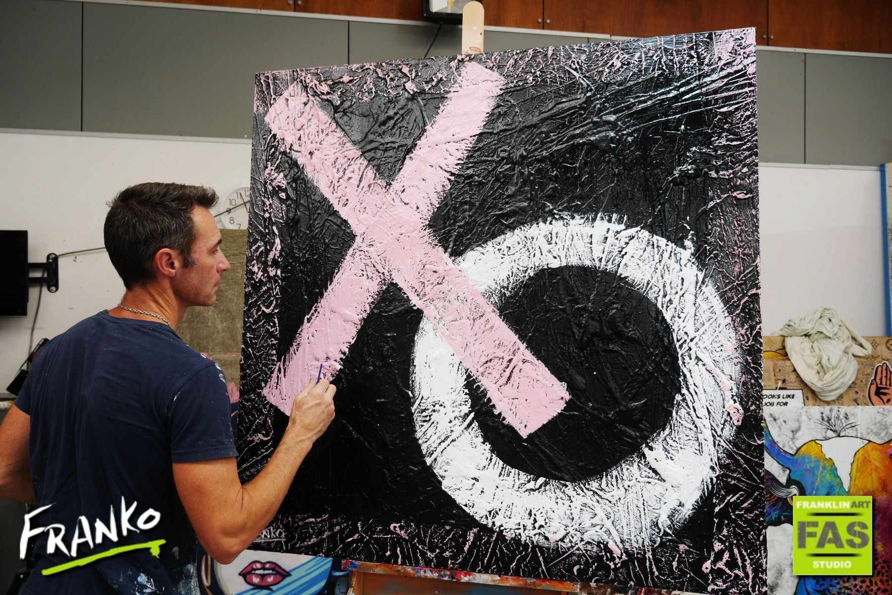 X O 120cm x 120cm Black White Pink Abstract Painting (SOLD)-Abstract-[Franko_Artist]-[The_Block]-[Dream_Homes]-[ideas]- [Grand_Designs]-Franklin Art Studio