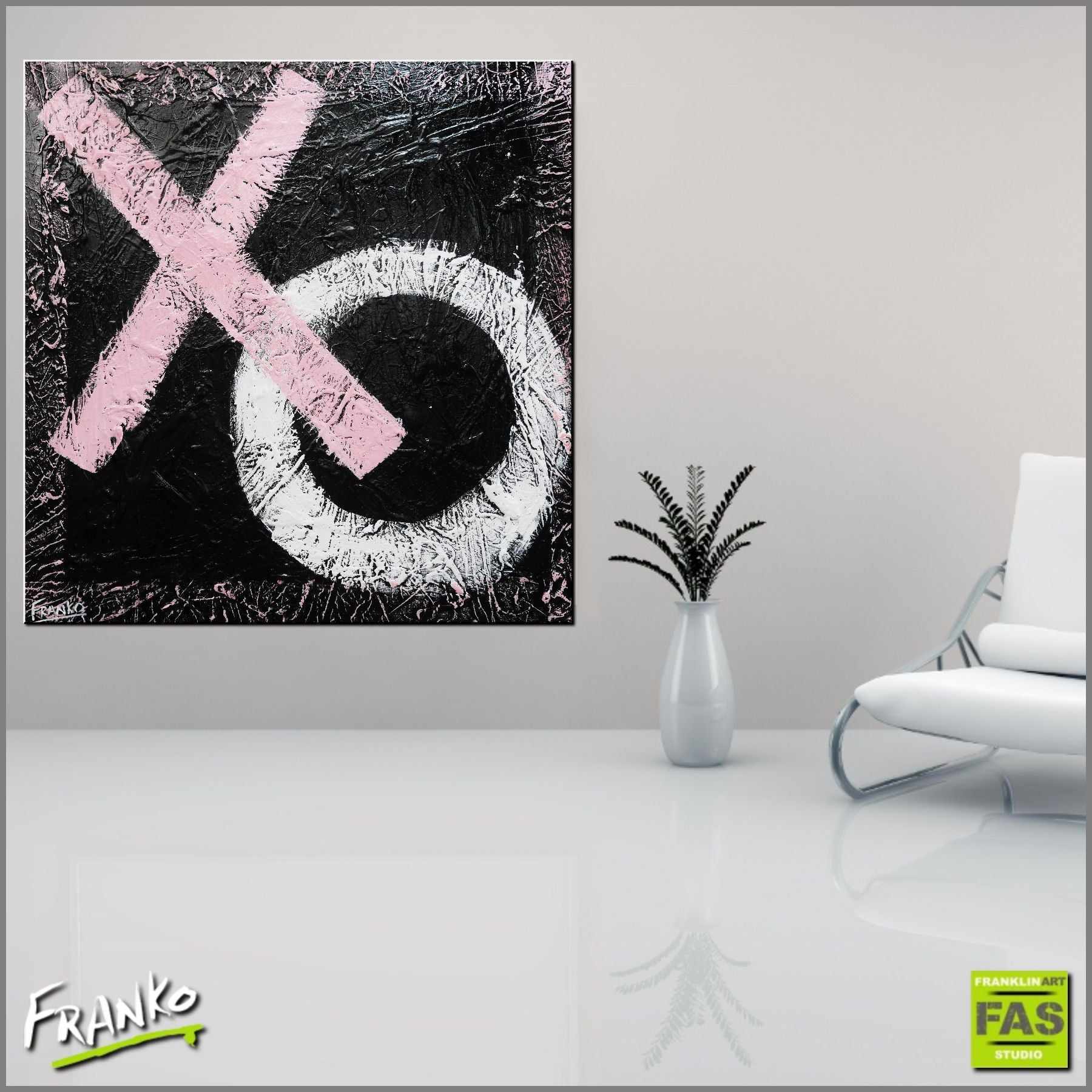 X O 120cm x 120cm Black White Pink Abstract Painting (SOLD)-Abstract-[Franko_Artist]-[Australian_artist]-[Gold_Coast]-[Brisbane]-[modern]-[contemporary]-[original]-[Large_artwork]-[The_Block]-[Dream_Homes]-[ideas]-[Grand_Designs]-[Art_Lover]-Franklin Art Studio
