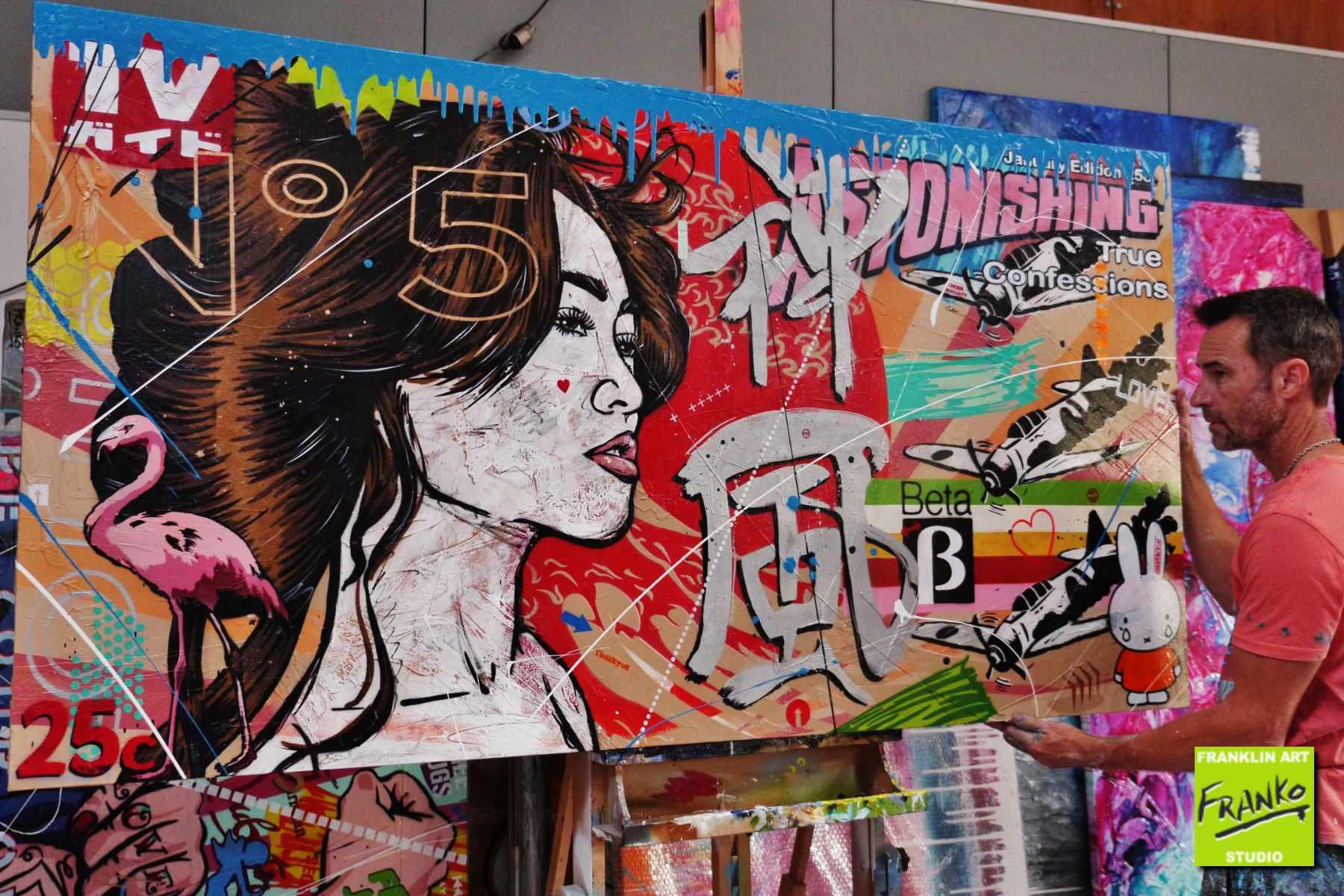 Zero 190cm x 100cm Geisha Textured Urban Pop Art Painting (SOLD)-urban pop-[Franko_Artist]-[The_Block]-[Dream_Homes]-[ideas]- [Grand_Designs]-Franklin Art Studio