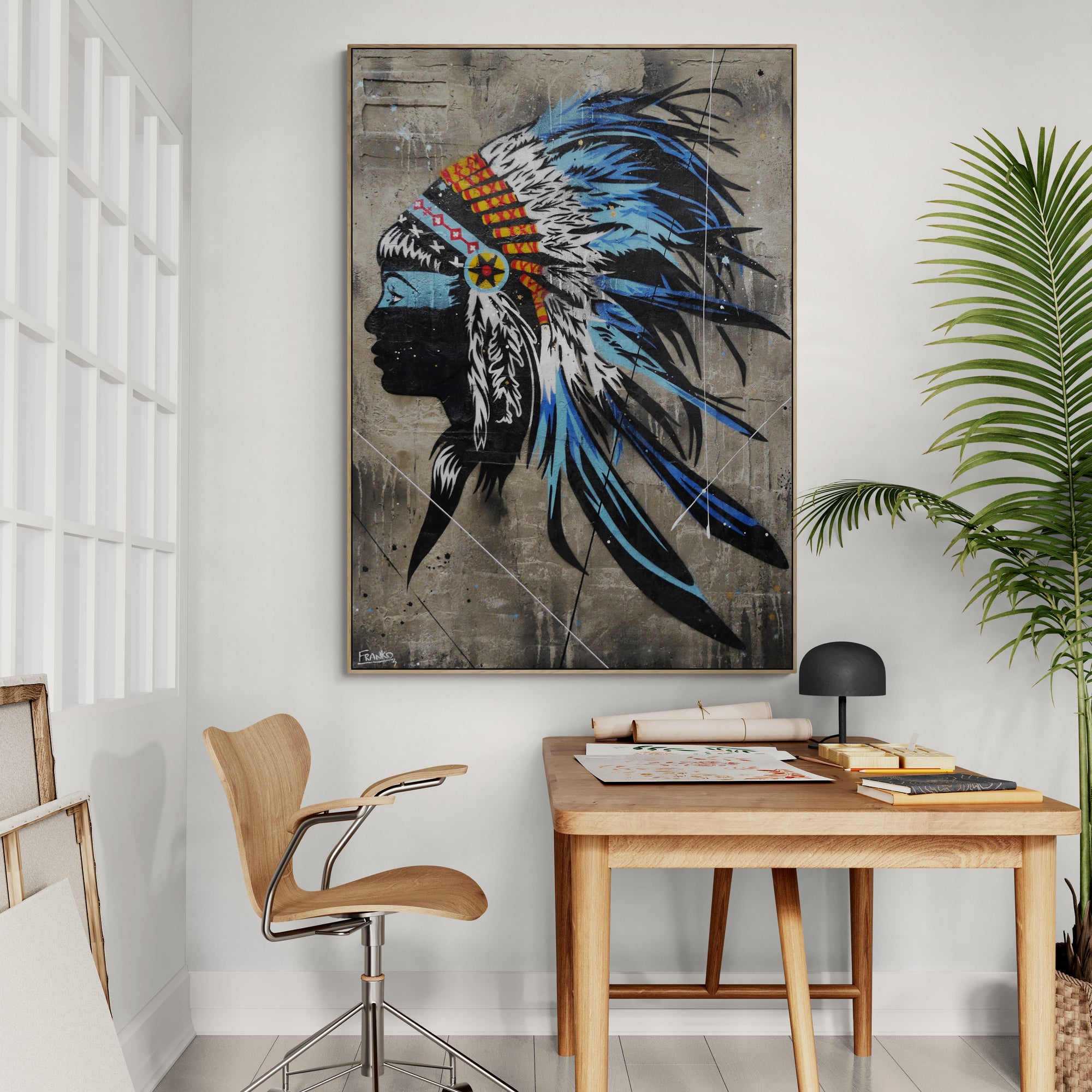 Blue Feathers 100cm x 140cm Indian Headdress Concrete Textured Urban Pop Art Painting (SOLD)-Urban Pop Art-[Franko_Artist]-[Australian_artist]-[Gold_Coast]-[Brisbane]-[modern]-[contemporary]-[original]-[Large_artwork]-[The_Block]-[Dream_Homes]-[ideas]-[Grand_Designs]-[Art_Lover]-Franklin Art Studio