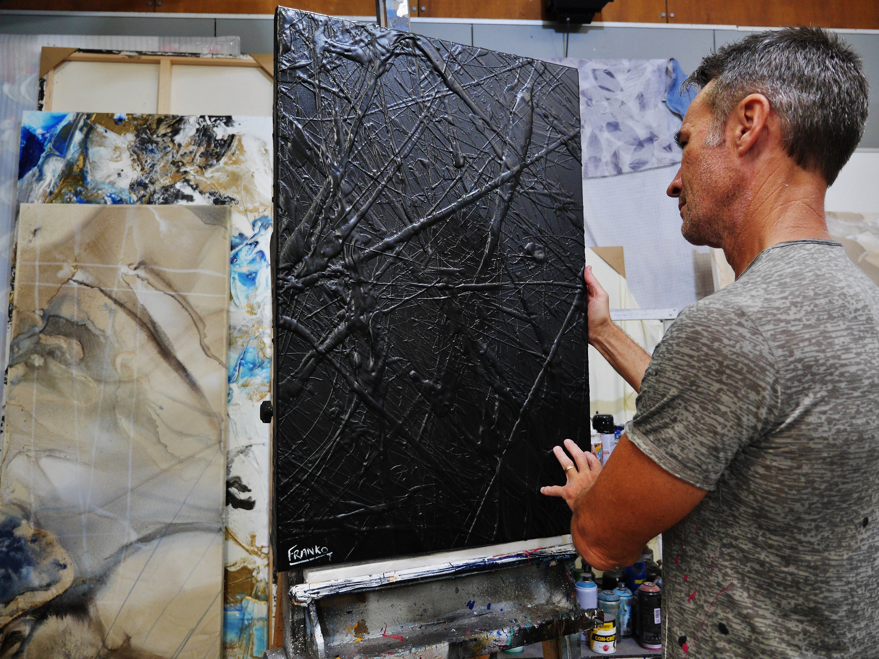 Black Lace 92cm x 60cm Black Textured Abstract Painting (SOLD)-Abstract-[Franko_Artist]-[The_Block]-[Dream_Homes]-[ideas]- [Grand_Designs]-Franklin Art Studio