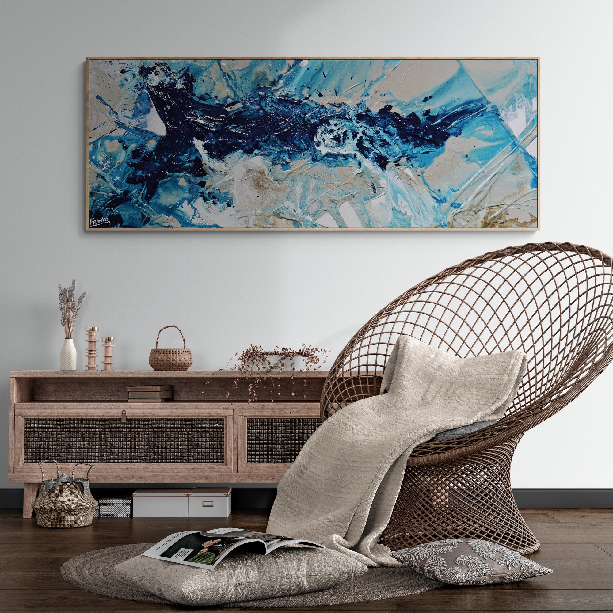 Malted 160cm x 60cm Navy Blues Malt White Textured Abstract Painting (SOLD)-Abstract-[Franko_Artist]-[The_Block]-[Dream_Homes]-[ideas]-[Grand_Designs]-[Art_Lover]-Franklin Art Studio