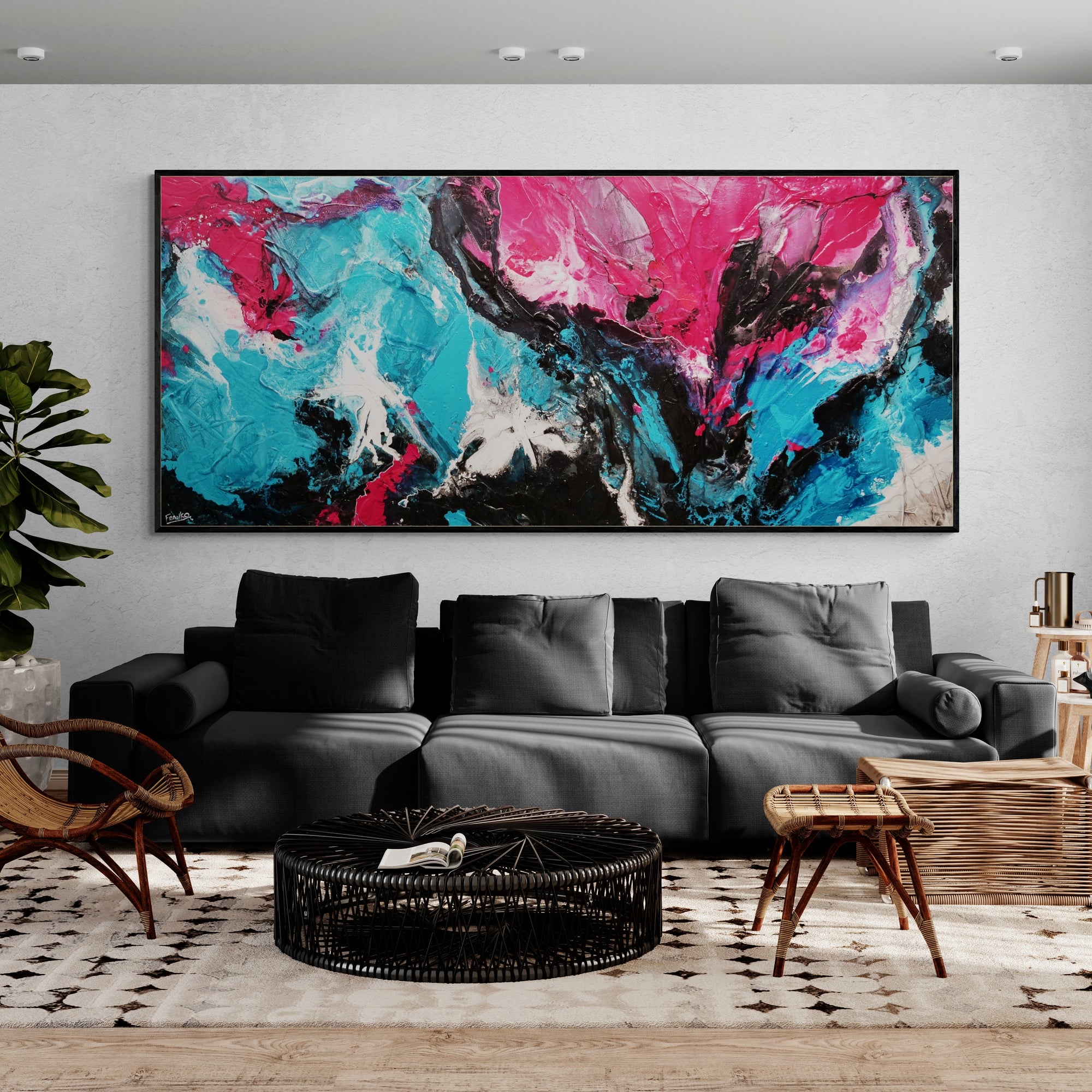 Magic 270cm x 120cm Black Teal Magenta Textured Abstract Painting-Abstract-[Franko_Artist]-[Australian_artist]-[Gold_Coast]-[Brisbane]-[modern]-[contemporary]-[original]-[Large_artwork]-[The_Block]-[Dream_Homes]-[ideas]-[Grand_Designs]-[Art_Lover]-Franklin Art Studio
