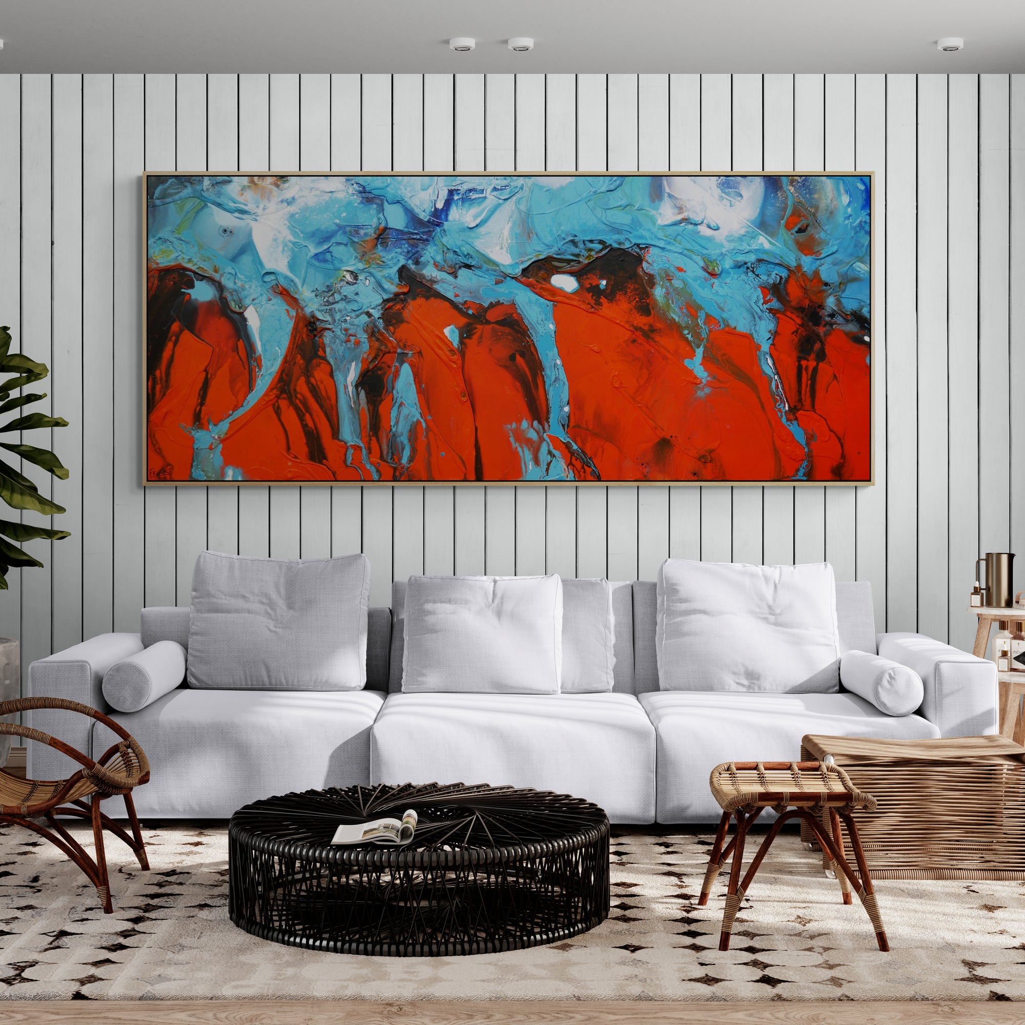 Tangerine Reign 240cm x 100cm Orange Blue Textured Abstract Painting (SOLD)-Abstract-[Franko_Artist]-[Australian_artist]-[Gold_Coast]-[Brisbane]-[modern]-[contemporary]-[original]-[Large_artwork]-[The_Block]-[Dream_Homes]-[ideas]-[Grand_Designs]-[Art_Lover]-Franklin Art Studio