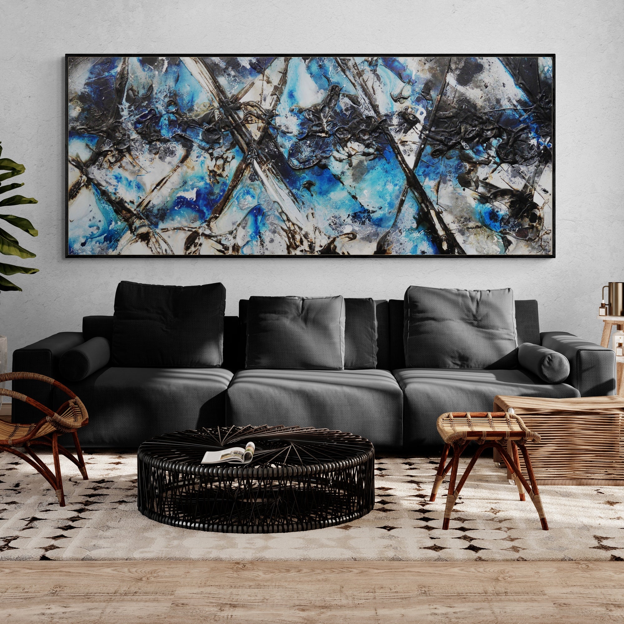 Blue Steel 240cm x 100cm Blue Black White Textured Abstract Painting (SOLD)-Abstract-[Franko_Artist]-[The_Block]-[Dream_Homes]-[ideas]-[Grand_Designs]-[Art_Lover]-Franklin Art Studio