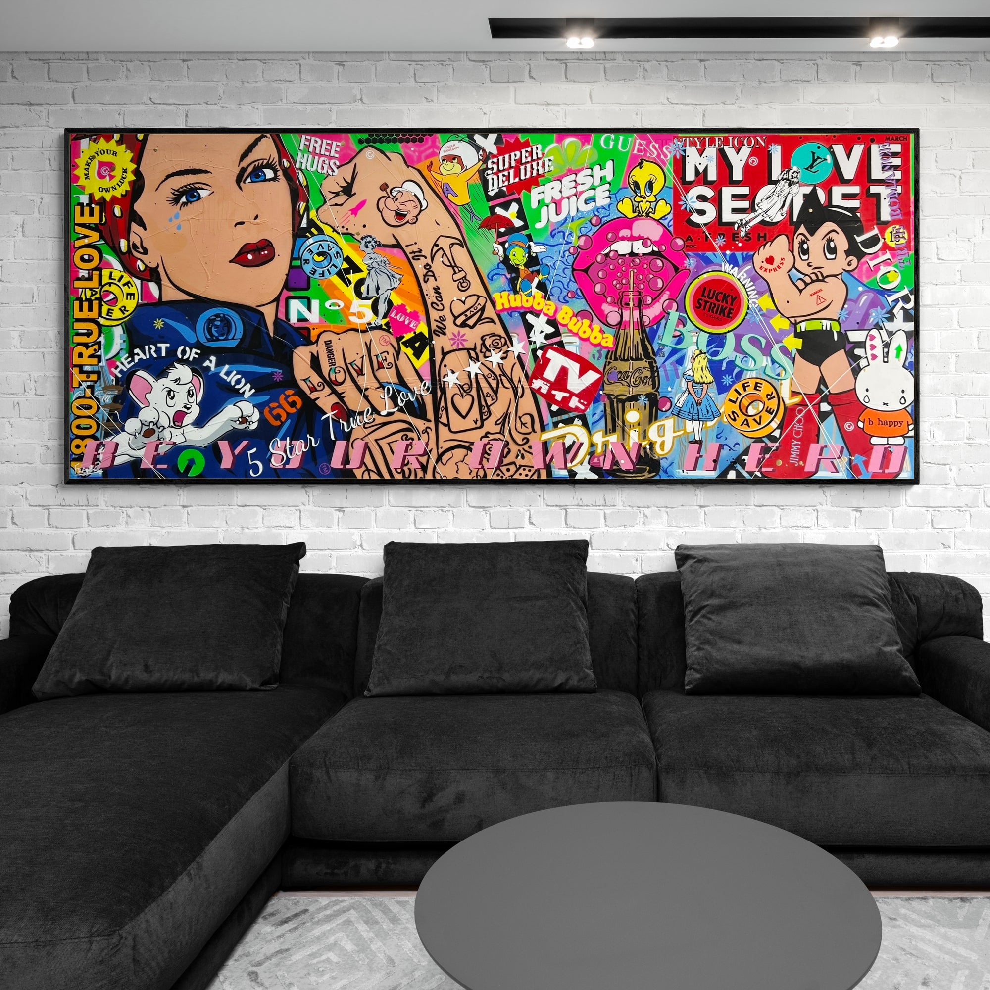 Rosie Can ... 240cm x 100cm Rosie the Riveter Textured Urban Pop Art Painting (SOLD)-Urban Pop Art-[Franko_Artist]-[Australian_artist]-[Gold_Coast]-[Brisbane]-[modern]-[contemporary]-[original]-[Large_artwork]-[The_Block]-[Dream_Homes]-[ideas]-[Grand_Designs]-[Art_Lover]-Franklin Art Studio