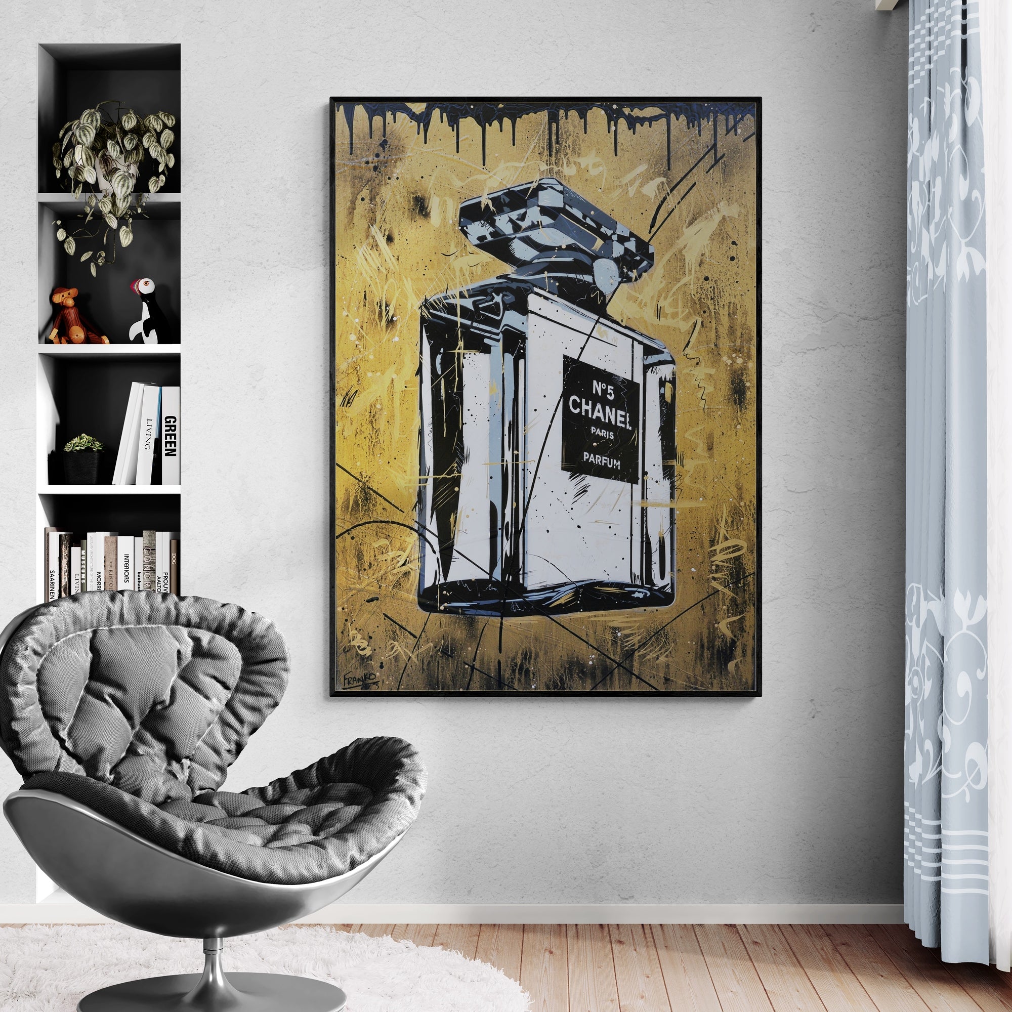 Rolled Gold 140cm x 100cm Metallic Gold Perfume Bottle Textured Urban Pop Art Painting (SOLD)-Urban Pop Art-[Franko_Artist]-[Australian_artist]-[Gold_Coast]-[Brisbane]-[modern]-[contemporary]-[original]-[Large_artwork]-[The_Block]-[Dream_Homes]-[ideas]-[Grand_Designs]-[Art_Lover]-Franklin Art Studio