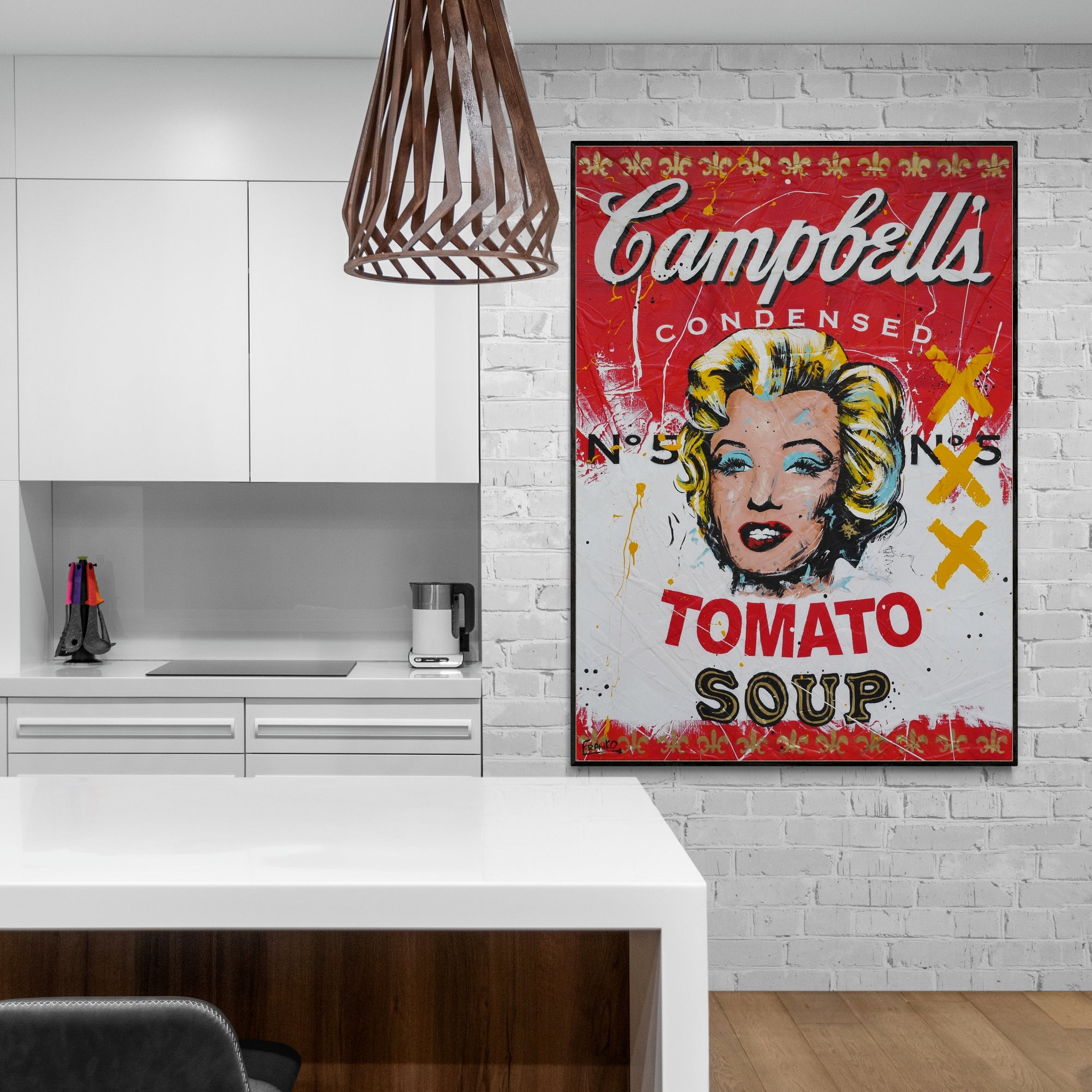 Campbell's Marilyn 100cm x 140cm Campbell's Soup Textured Urban Pop Art Painting (SOLD)-Urban Pop Art-[Franko_Artist]-[Australian_artist]-[Gold_Coast]-[Brisbane]-[modern]-[contemporary]-[original]-[Large_artwork]-[The_Block]-[Dream_Homes]-[ideas]-[Grand_Designs]-[Art_Lover]-Franklin Art Studio