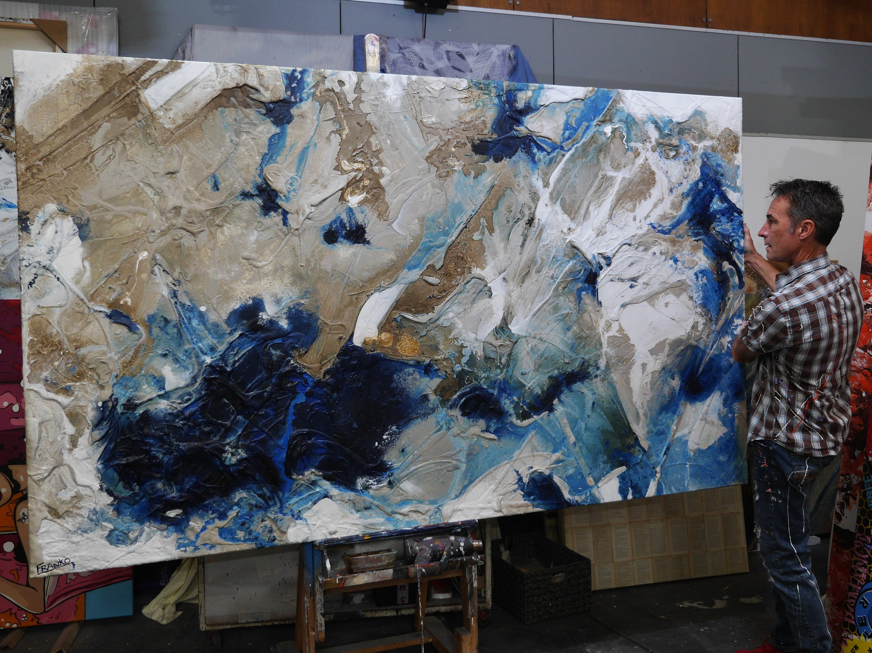 Casbah Maximus 250cm x 150cm Blues Honey White Malt Textured Abstract Painting (SOLD)-Abstract-[Franko_Artist]-[The_Block]-[Dream_Homes]-[ideas]- [Grand_Designs]-Franklin Art Studio