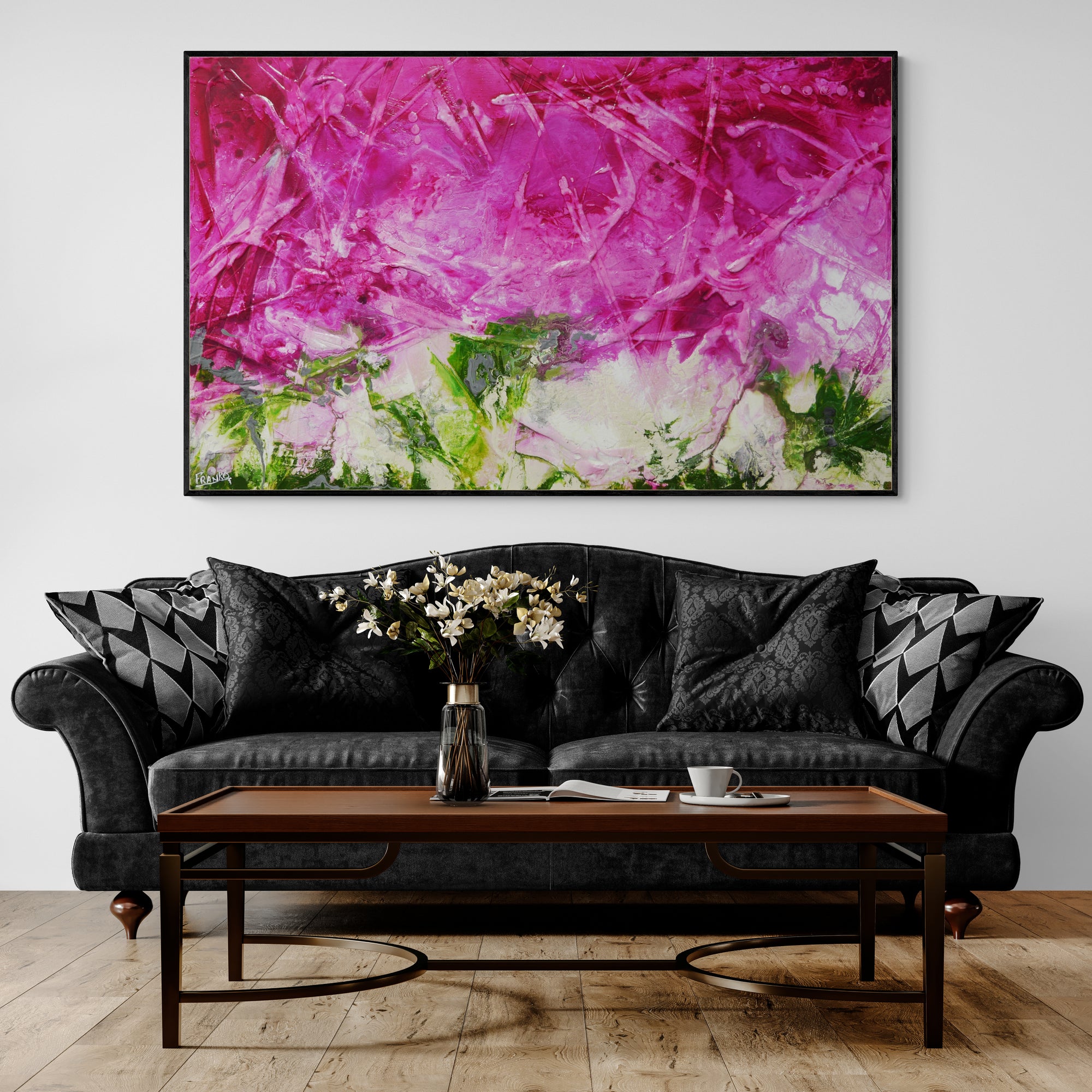 Pretty in Pink 160cm x 100cm Pink Green Textured Abstract Painting (SOLD)-Abstract-[Franko_Artist]-[The_Block]-[Dream_Homes]-[ideas]-[Grand_Designs]-[Art_Lover]-Franklin Art Studio
