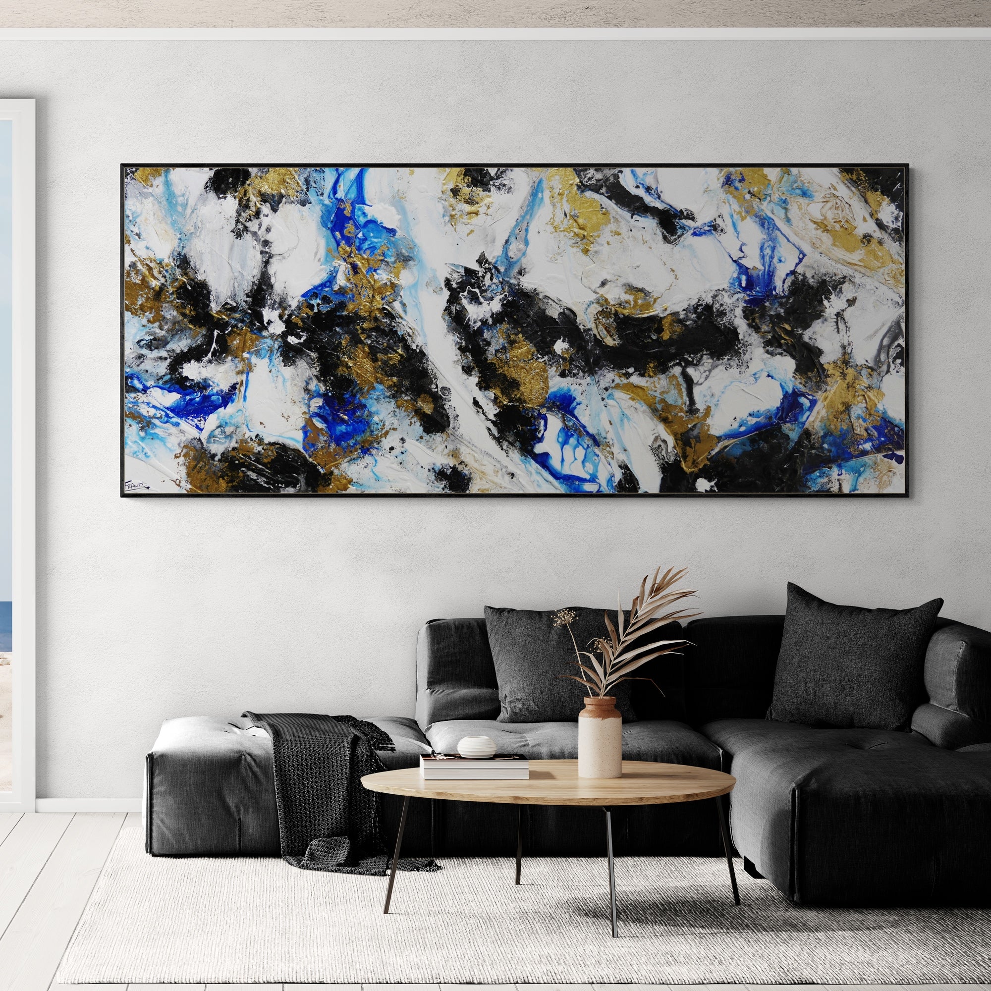 Golden Genesis 240cm x 100cm Blue White Metallic Gold Textured Abstract Painting (SOLD)-Abstract-[Franko_Artist]-[Australian_artist]-[Gold_Coast]-[Brisbane]-[modern]-[contemporary]-[original]-[Large_artwork]-[The_Block]-[Dream_Homes]-[ideas]-[Grand_Designs]-[Art_Lover]-Franklin Art Studio