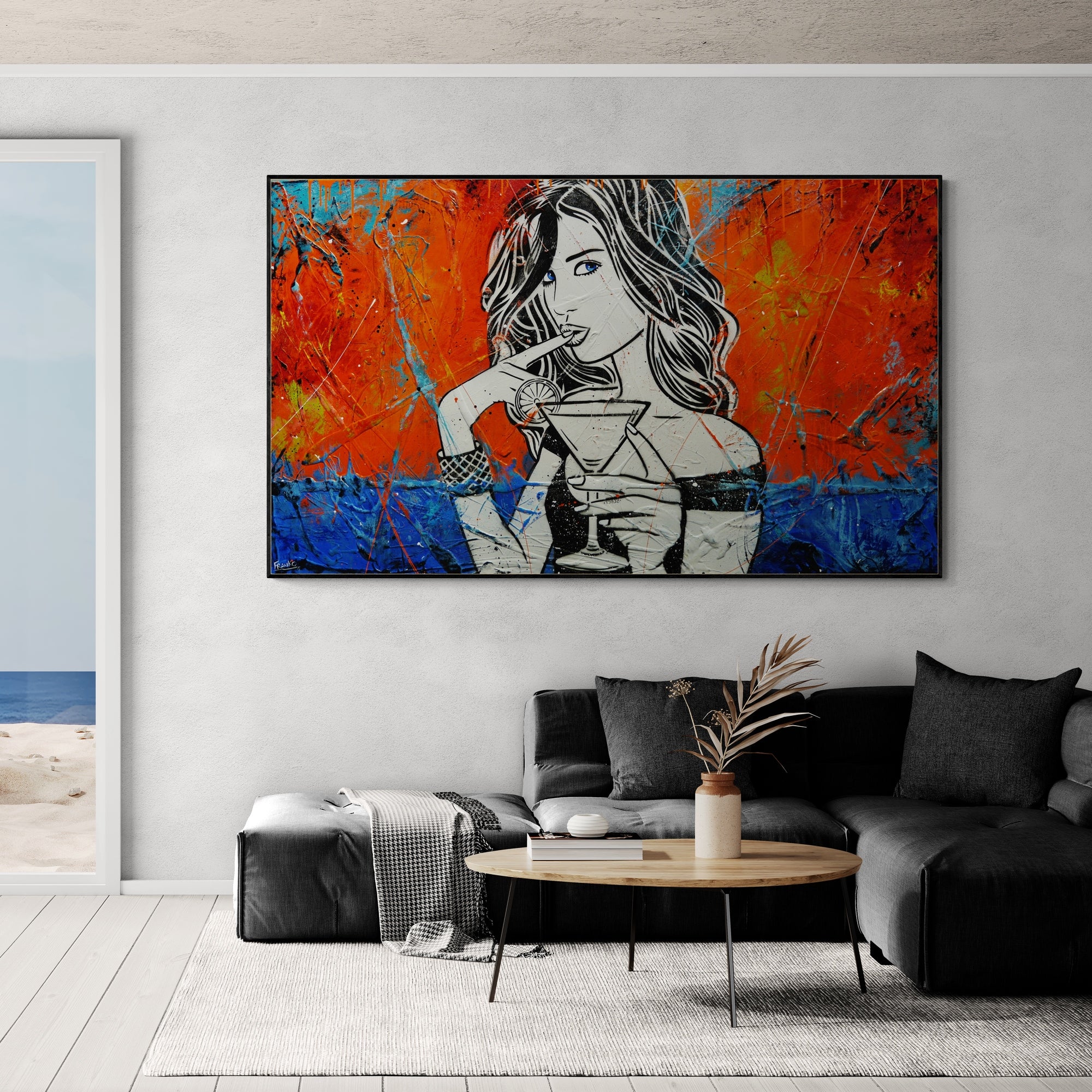Ravishing 200cm x 120cm Cocktail Girl Textured Urban Pop Art Painting-Urban Pop Art-[Franko_Artist]-[Australian_artist]-[Gold_Coast]-[Brisbane]-[modern]-[contemporary]-[original]-[Large_artwork]-[The_Block]-[Dream_Homes]-[ideas]-[Grand_Designs]-[Art_Lover]-Franklin Art Studio