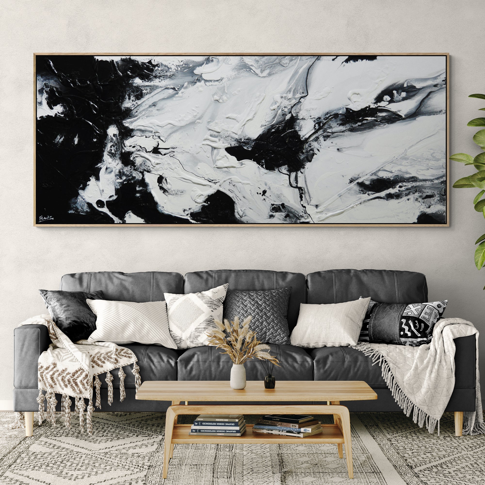 Iced Sambuca 240cm x 100cm Black and White Textured Abstract Painting