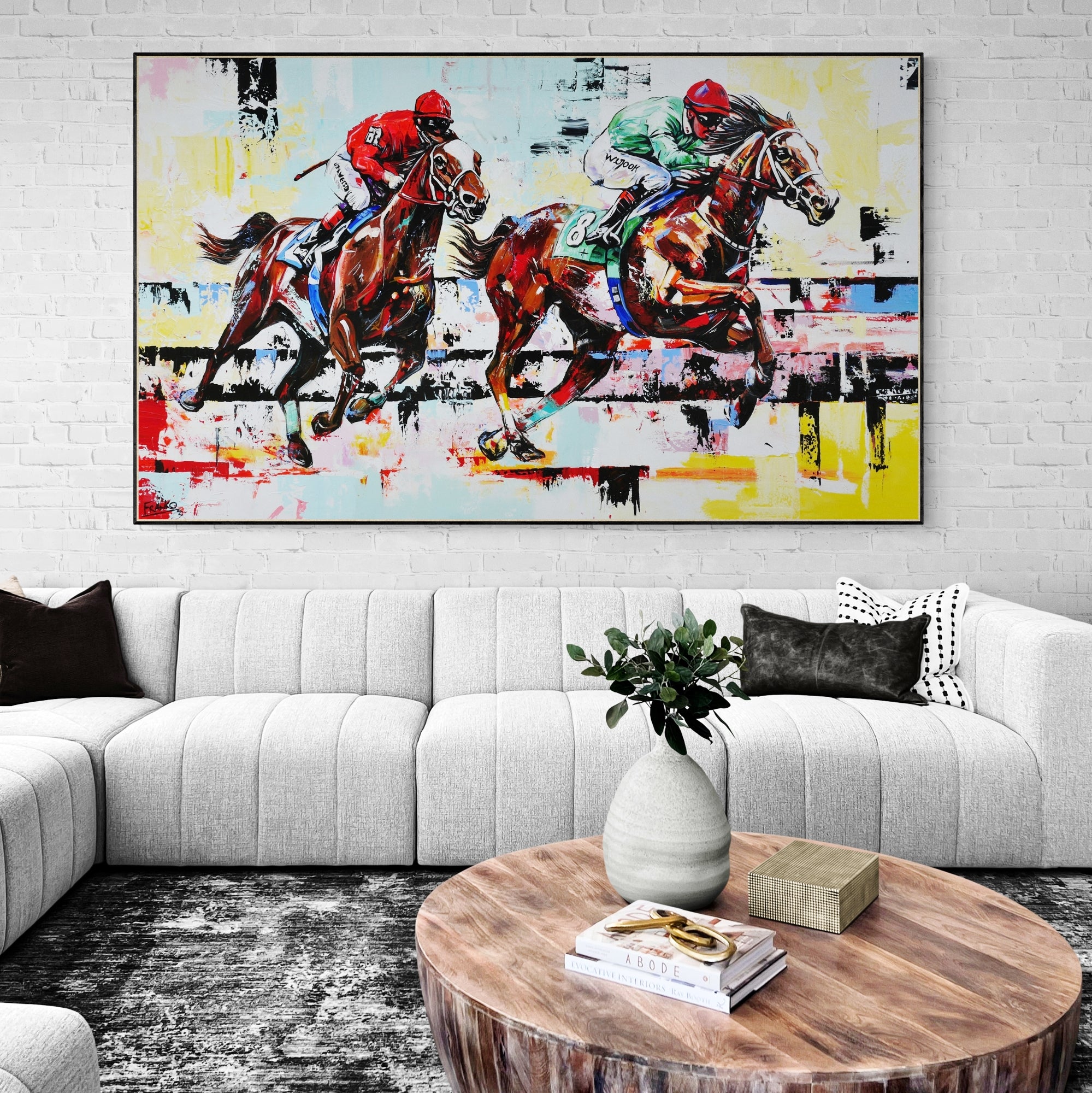 The Finish 200cm x 120cm Horse Racing Abstract Realism Framed Textured Painting (SOLD)-abstract realism-[Franko_Artist]-[Australian_artist]-[Gold_Coast]-[Brisbane]-[modern]-[contemporary]-[original]-[Large_artwork]-[The_Block]-[Dream_Homes]-[ideas]-[Grand_Designs]-[Art_Lover]-Franklin Art Studio