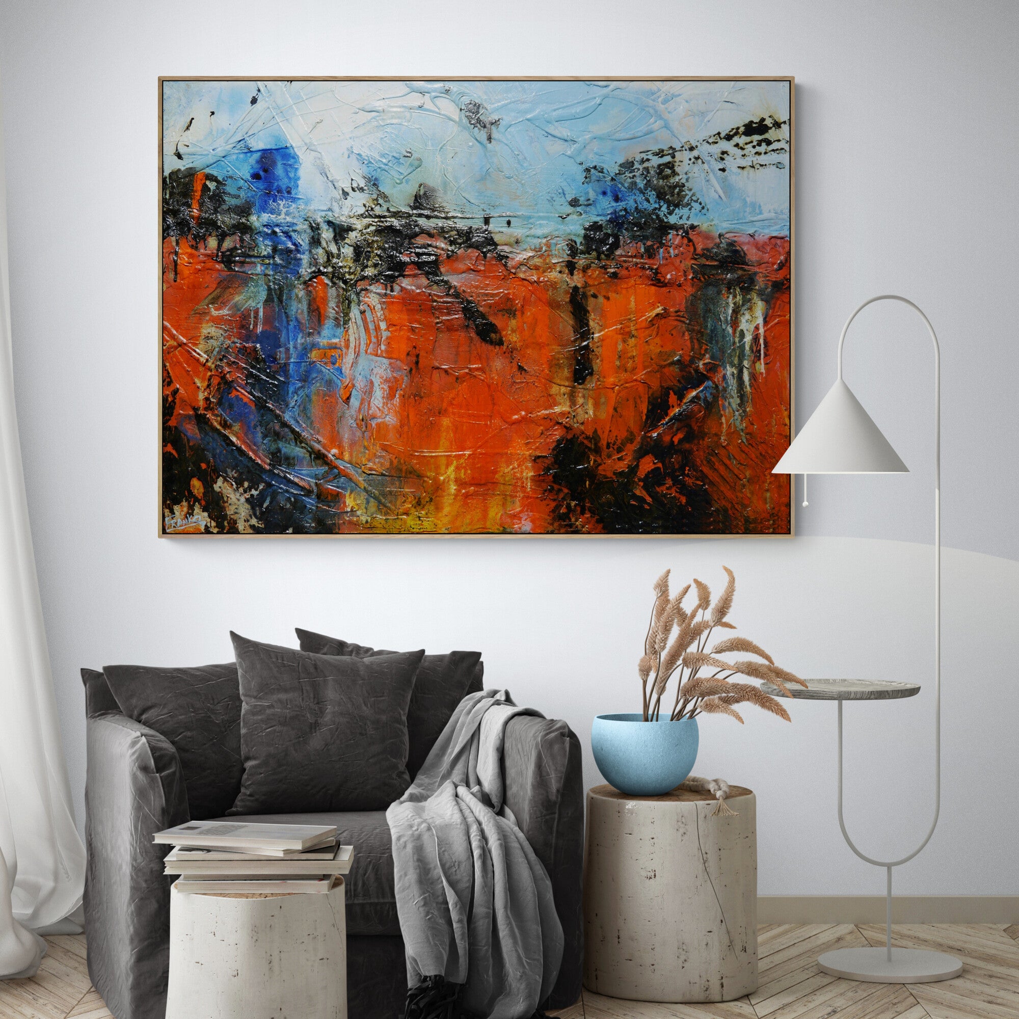 Orange Regatta 140cm x 100cm Orange Blue Textured Abstract Painting (SOLD)-Abstract-[Franko_Artist]-[The_Block]-[Dream_Homes]-[ideas]-[Grand_Designs]-[Art_Lover]-Franklin Art Studio