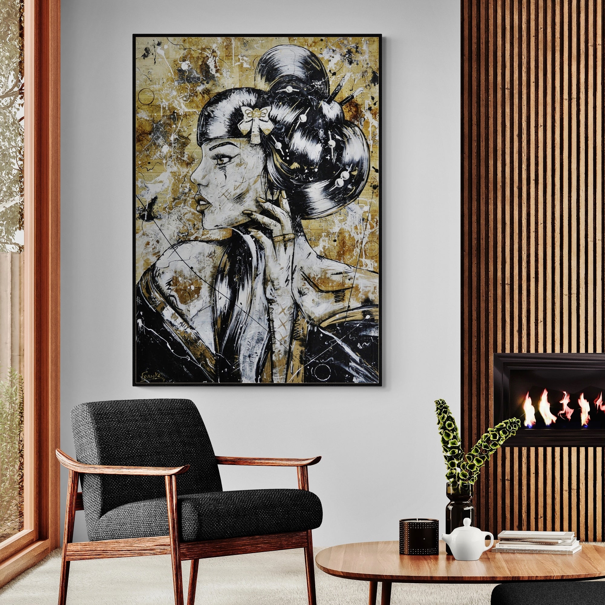 Golden Tigerlily 100cm x 140cm Geisha Abstract Realism Book Club Painting (SOLD)-book club-[Franko_Artist]-[Australian_artist]-[Gold_Coast]-[Brisbane]-[modern]-[contemporary]-[original]-[Large_artwork]-[The_Block]-[Dream_Homes]-[ideas]-[Grand_Designs]-[Art_Lover]-Franklin Art Studio