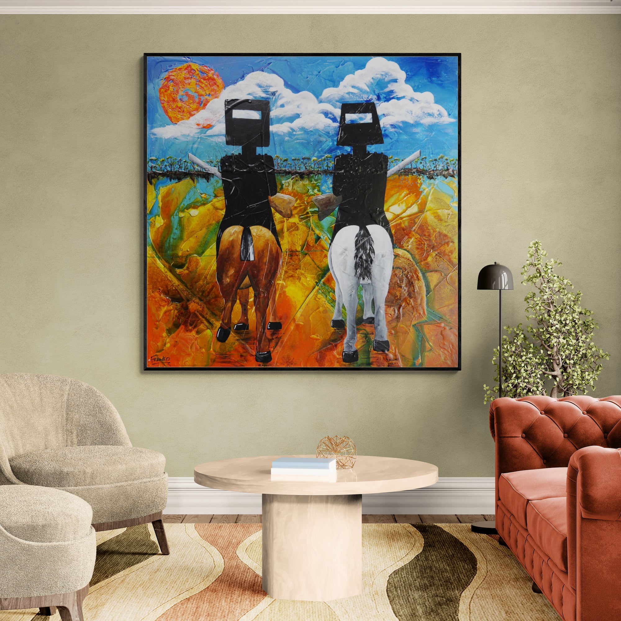 Brothers in the Bush 120cm x 120cm Ned Kelly Abstract Realism Textured Painting (SOLD)-people-[Franko_Artist]-[Australian_artist]-[Gold_Coast]-[Brisbane]-[modern]-[contemporary]-[original]-[Large_artwork]-[The_Block]-[Dream_Homes]-[ideas]-[Grand_Designs]-[Art_Lover]-Franklin Art Studio