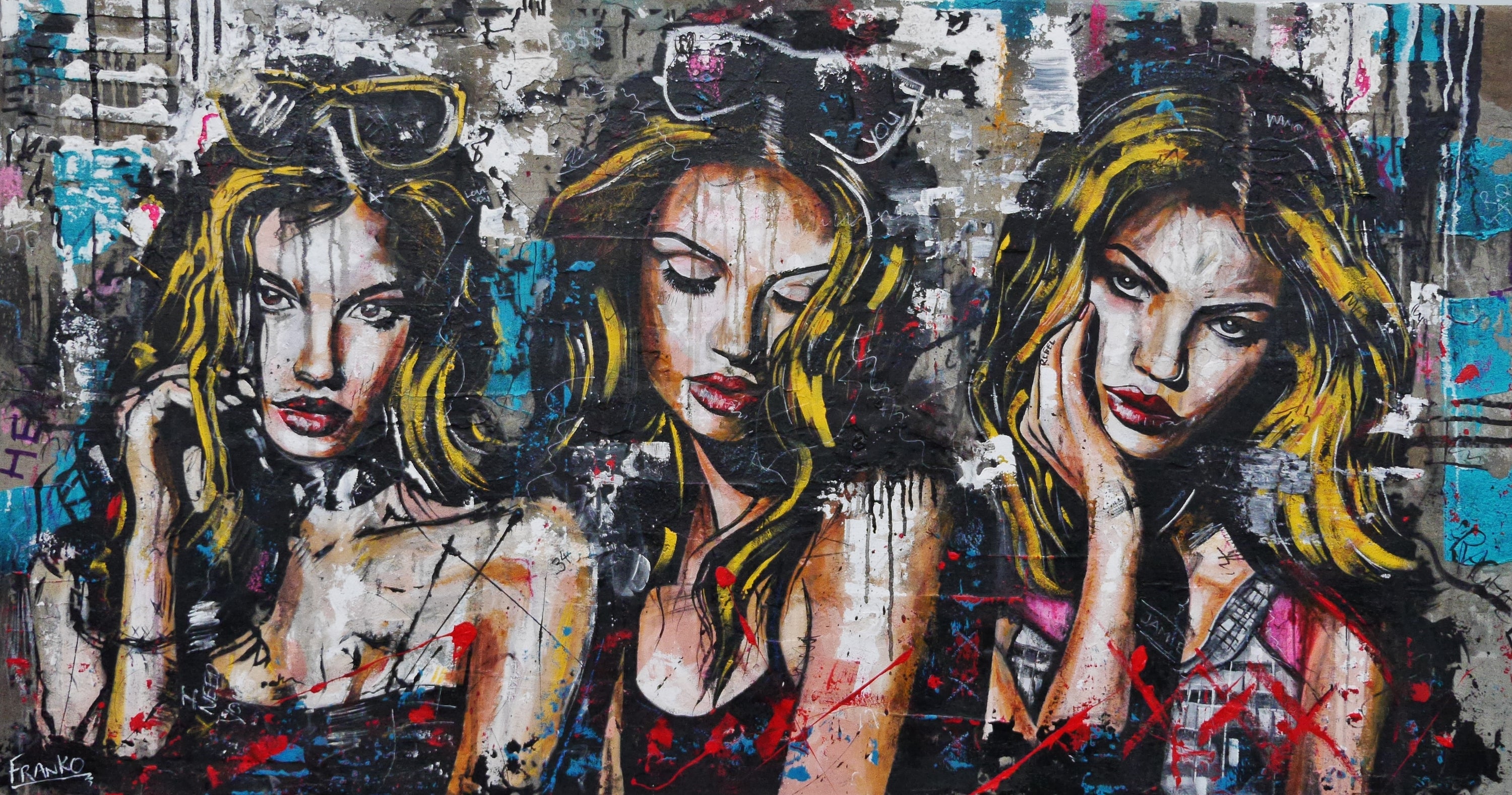 Raw Fates 190cm x 100cm Sultry Concrete Textured Industrial Urban Pop Art Painting (SOLD)-concrete-[Franko_Artist]-[Australian_artist]-[Gold_Coast]-[Brisbane]-[modern]-[contemporary]-[original]-[Large_artwork]-Franklin Art Studio