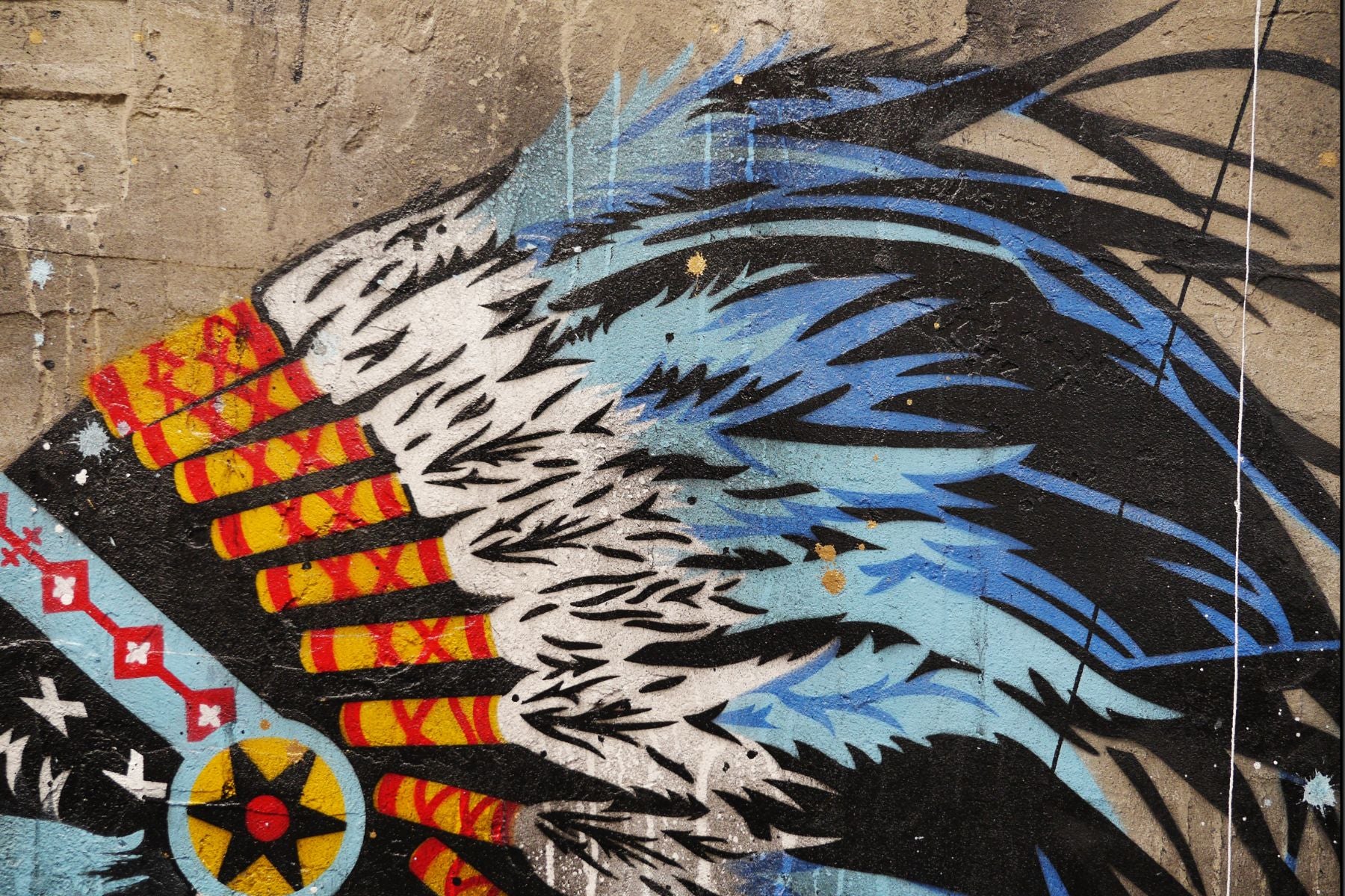 Blue Feathers 100cm x 140cm Indian Headdress Concrete Textured Urban Pop Art Painting (SOLD)