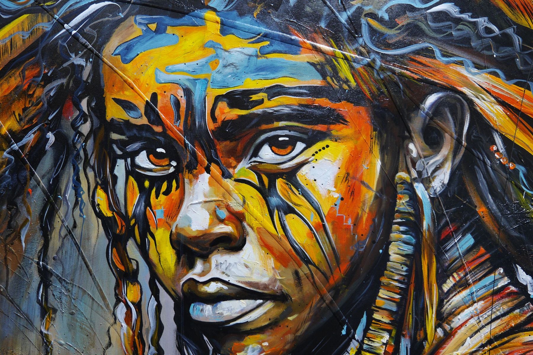 Warrior Blu 160cm x 100cm FRAMED Warrior Boy Abstract Realism Textured Painting