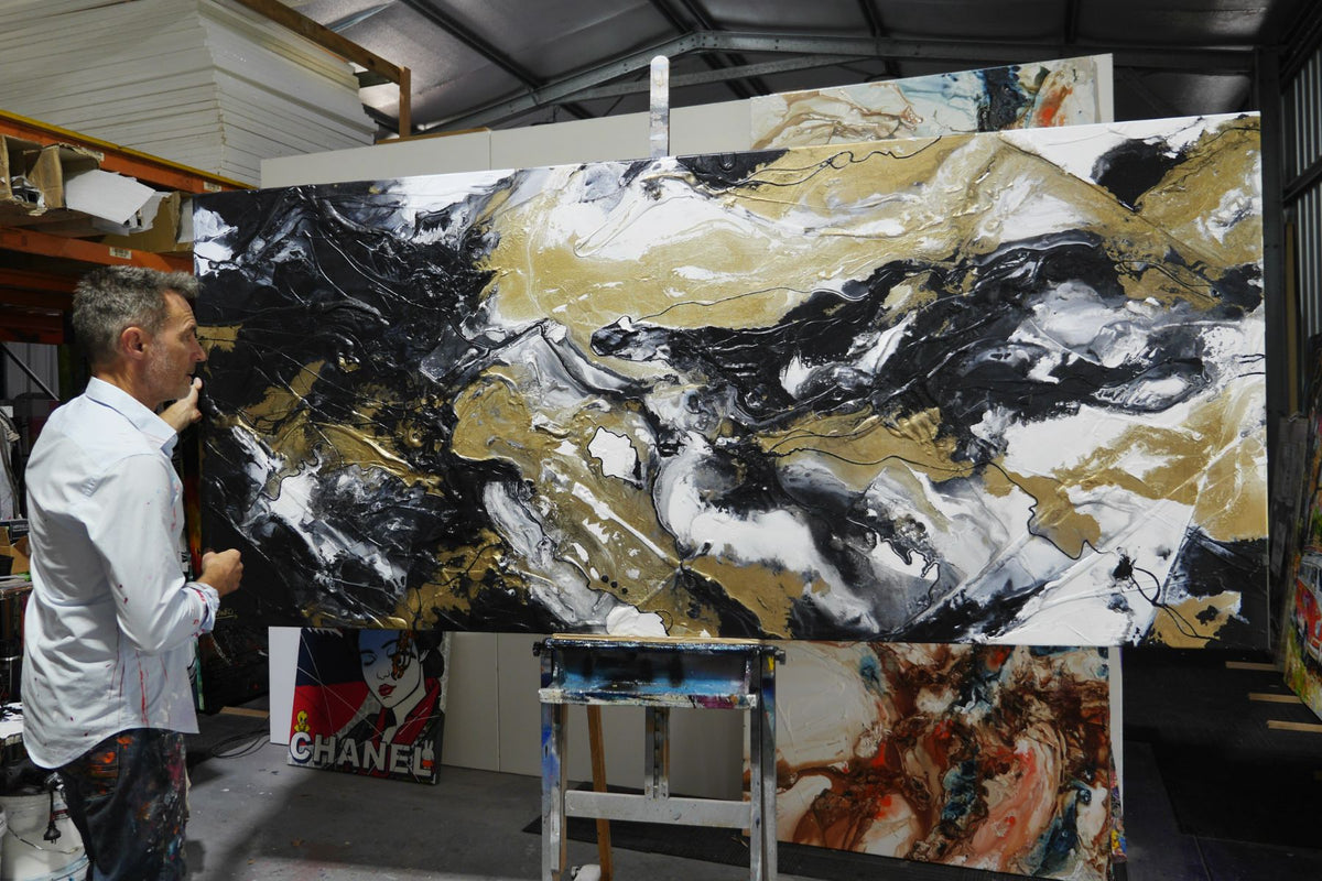 Slated Ransom 270cm x 120cm Black Gold White Textured Abstract Painting