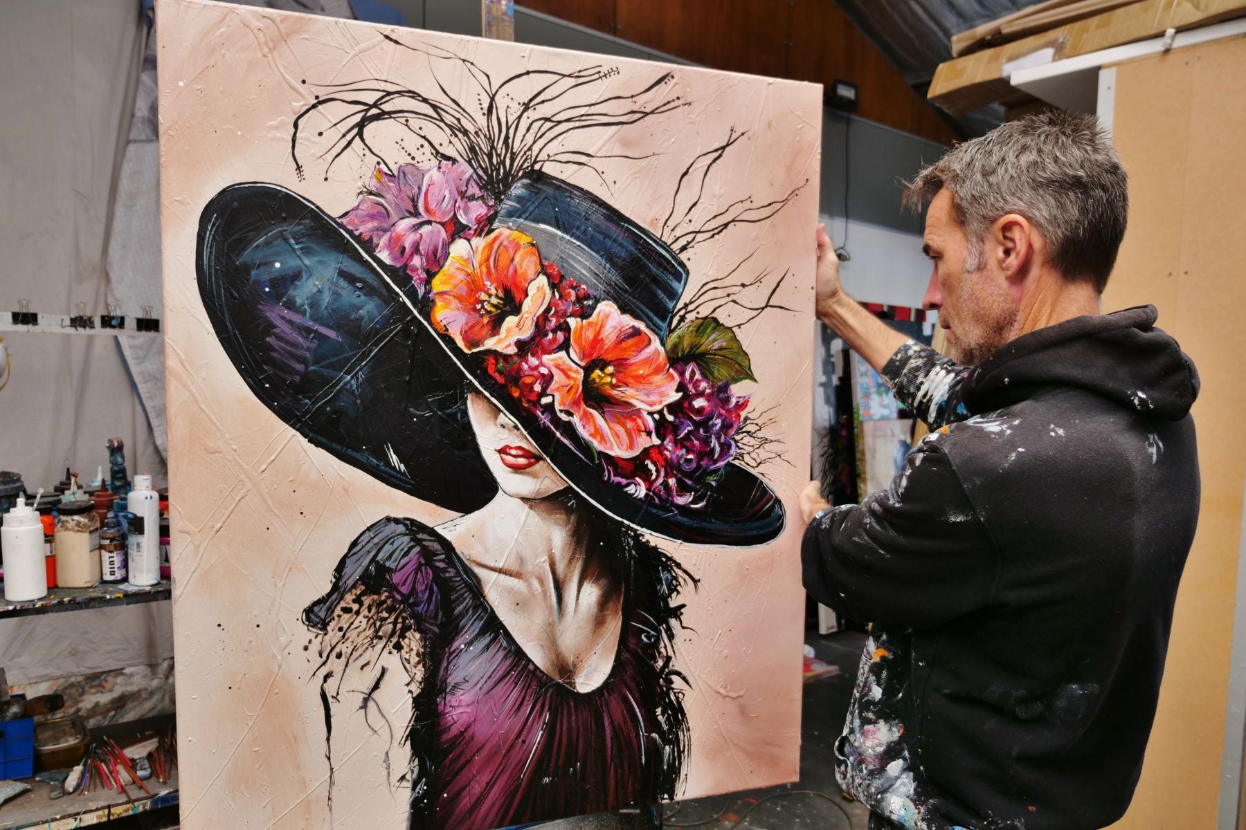 Brittany 120cm x 100cm Flower Hat Abstract Elegance Textured Painting (SOLD)-people-[Franko_Artist]-[The_Block]-[Dream_Homes]-[ideas]- [Grand_Designs]-Franklin Art Studio