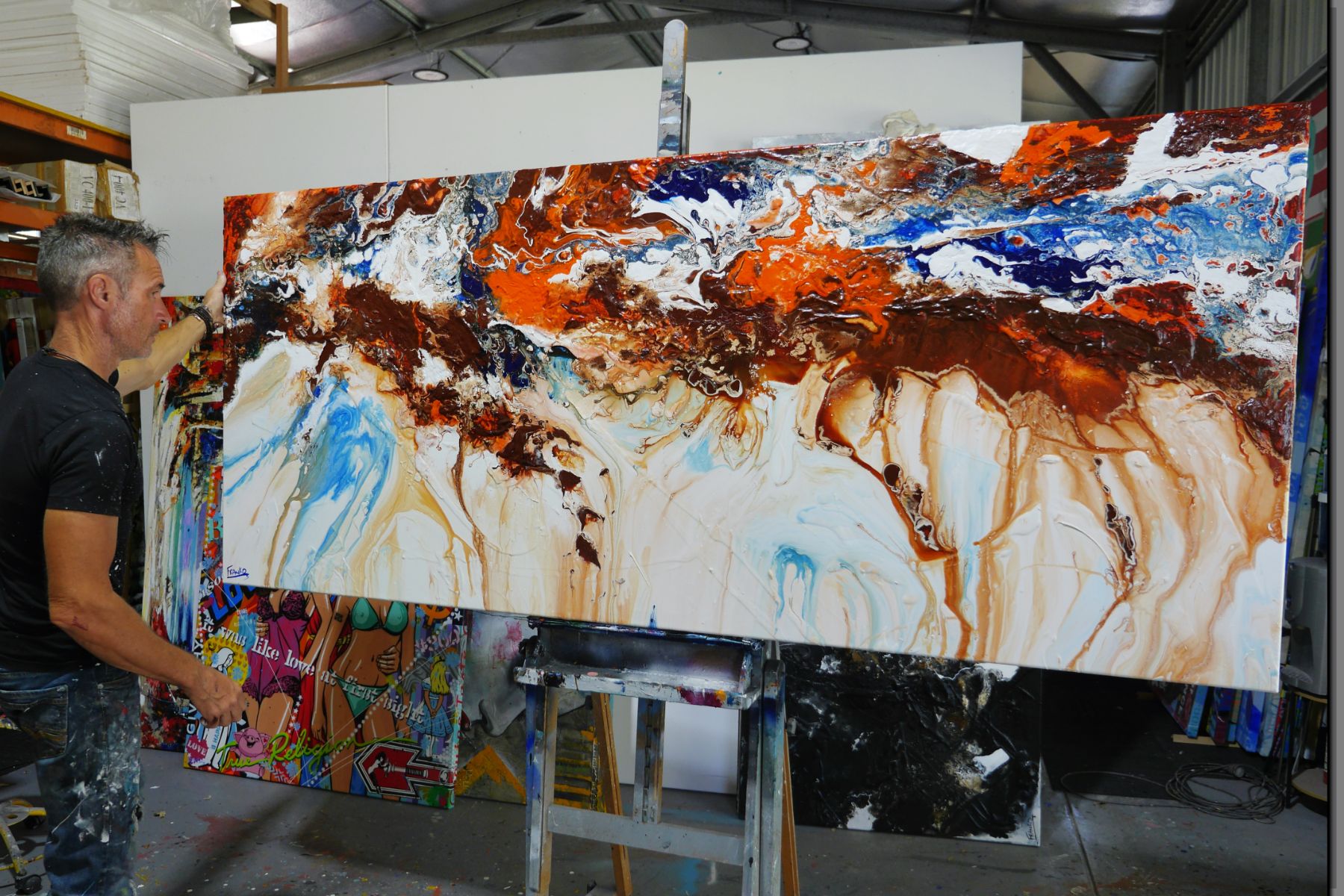 Raw Coast 240cm x 100cm White Rust Cobalt Textured Abstract Painting (SOLD)