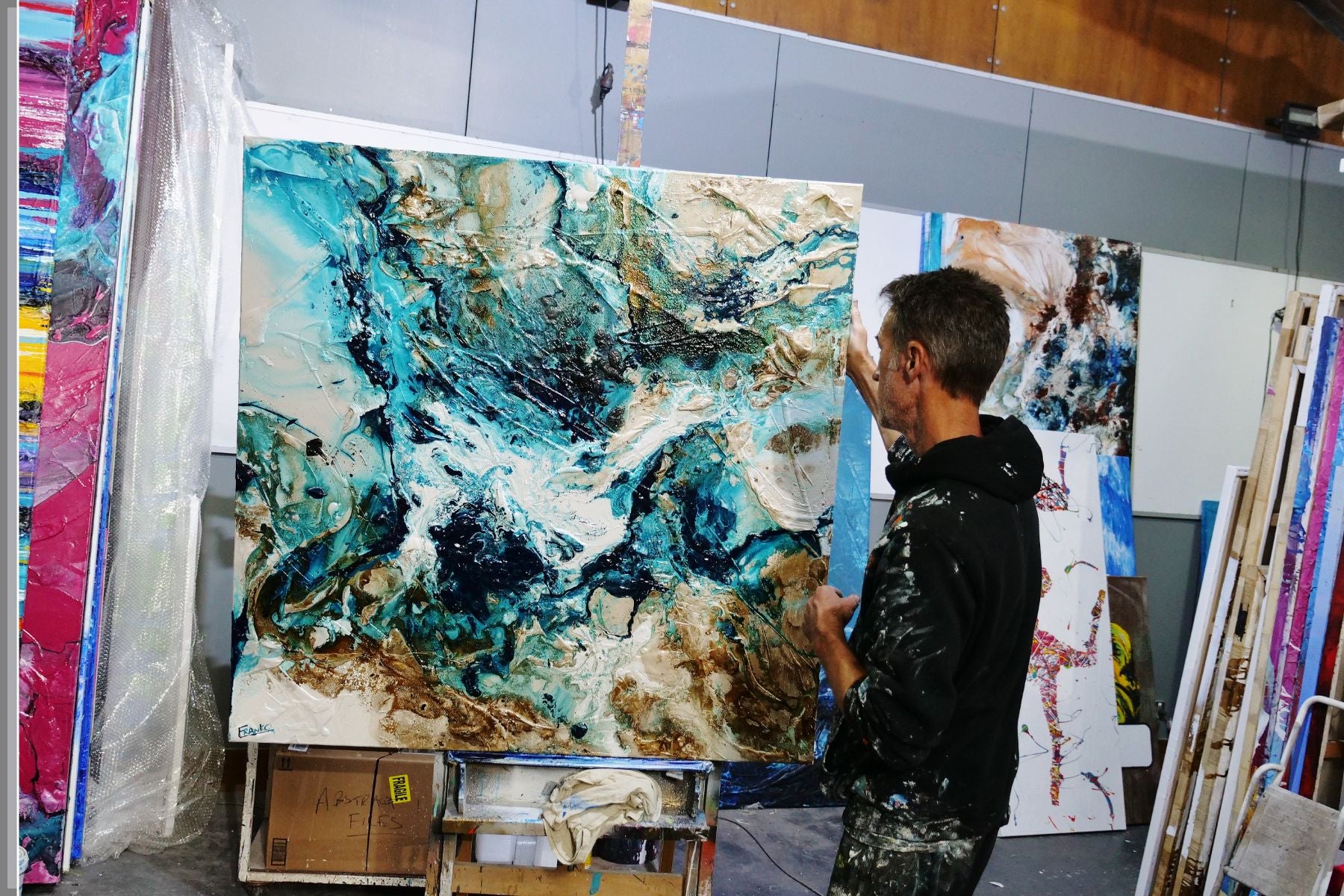 Southern and Rust 120cm x 120cm Teal Phalto White Textured Abstract Painting (SOLD)-Abstract-[Franko_Artist]-[The_Block]-[Dream_Homes]-[ideas]- [Grand_Designs]-Franklin Art Studio