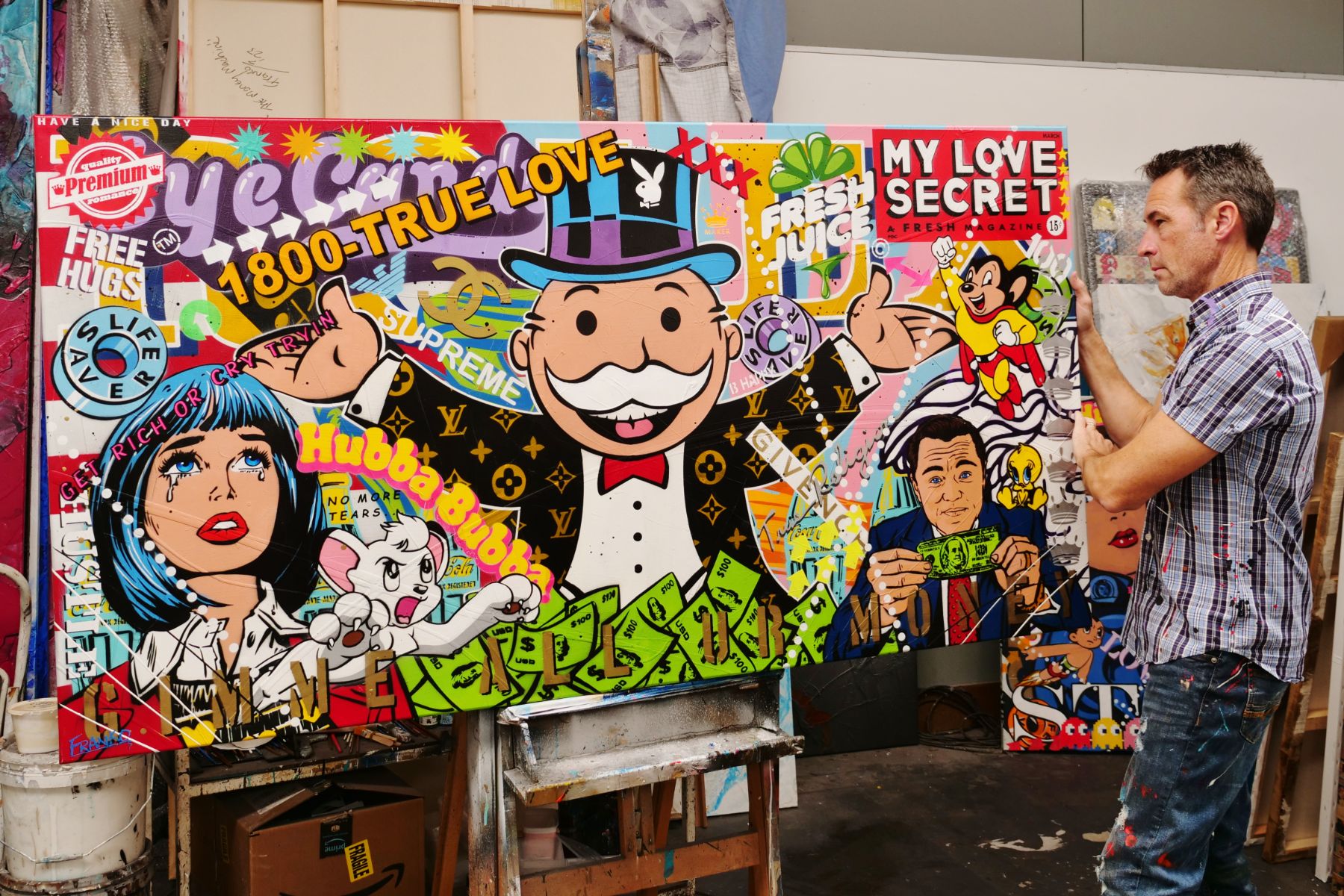 Jackpot Money 190cm x 100cm Monopoly Man Textured Urban Pop Art Painting (SOLD)-Urban Pop Art-[Franko_Artist]-[The_Block]-[Dream_Homes]-[ideas]- [Grand_Designs]-Franklin Art Studio