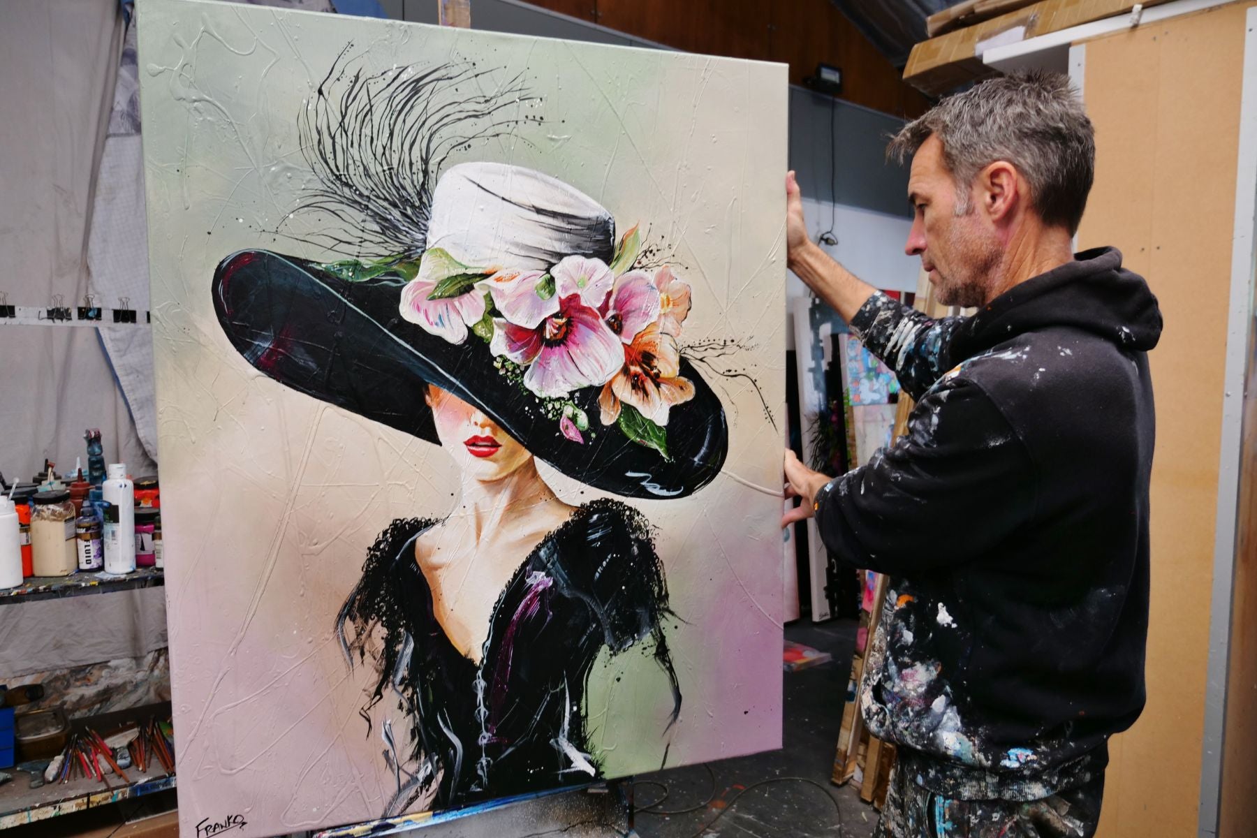 Margot 120cm x 100cm Flower Hat Abstract Elegance Textured Painting (SOLD)-people-[Franko_Artist]-[The_Block]-[Dream_Homes]-[ideas]- [Grand_Designs]-Franklin Art Studio