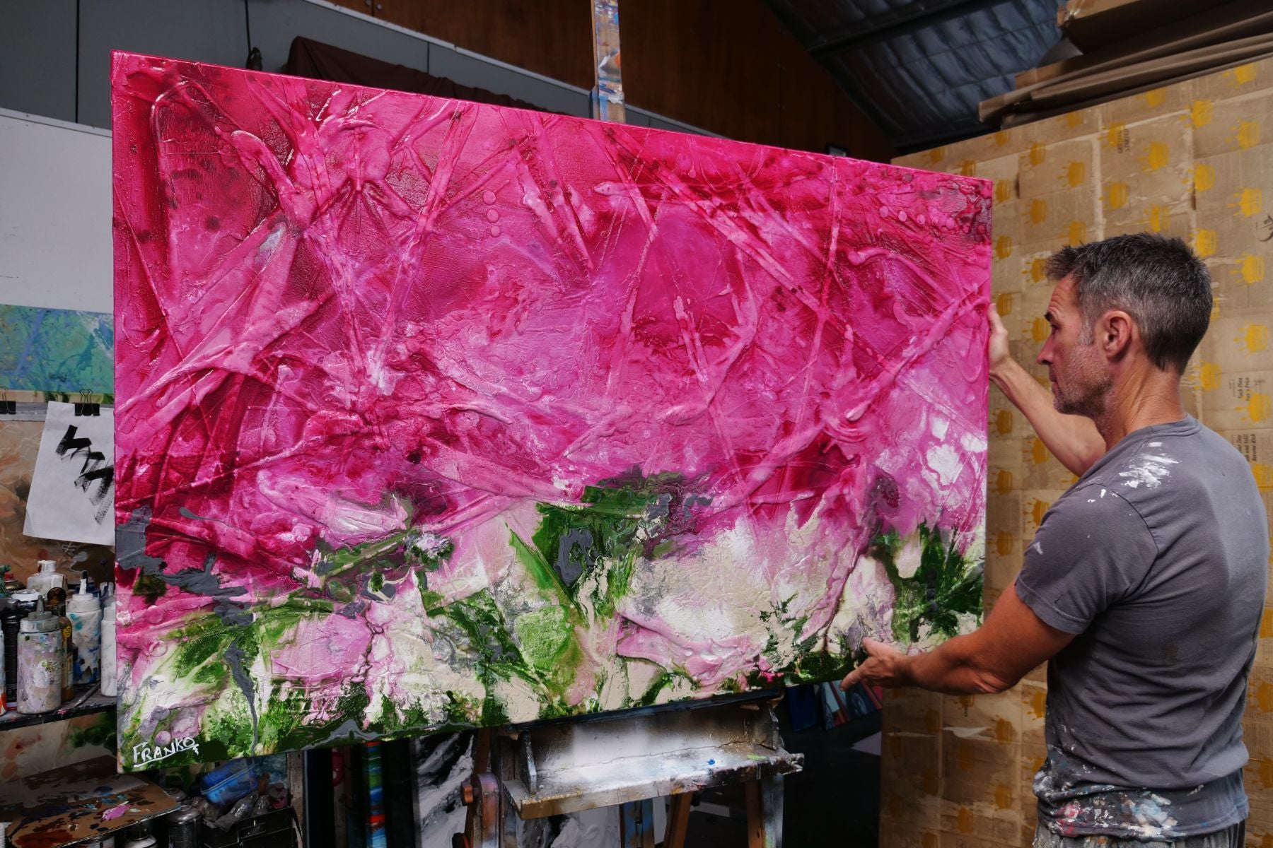 Pretty in Pink 160cm x 100cm Pink Green Textured Abstract Painting (SOLD)-Abstract-[Franko_Artist]-[The_Block]-[Dream_Homes]-[ideas]- [Grand_Designs]-Franklin Art Studio