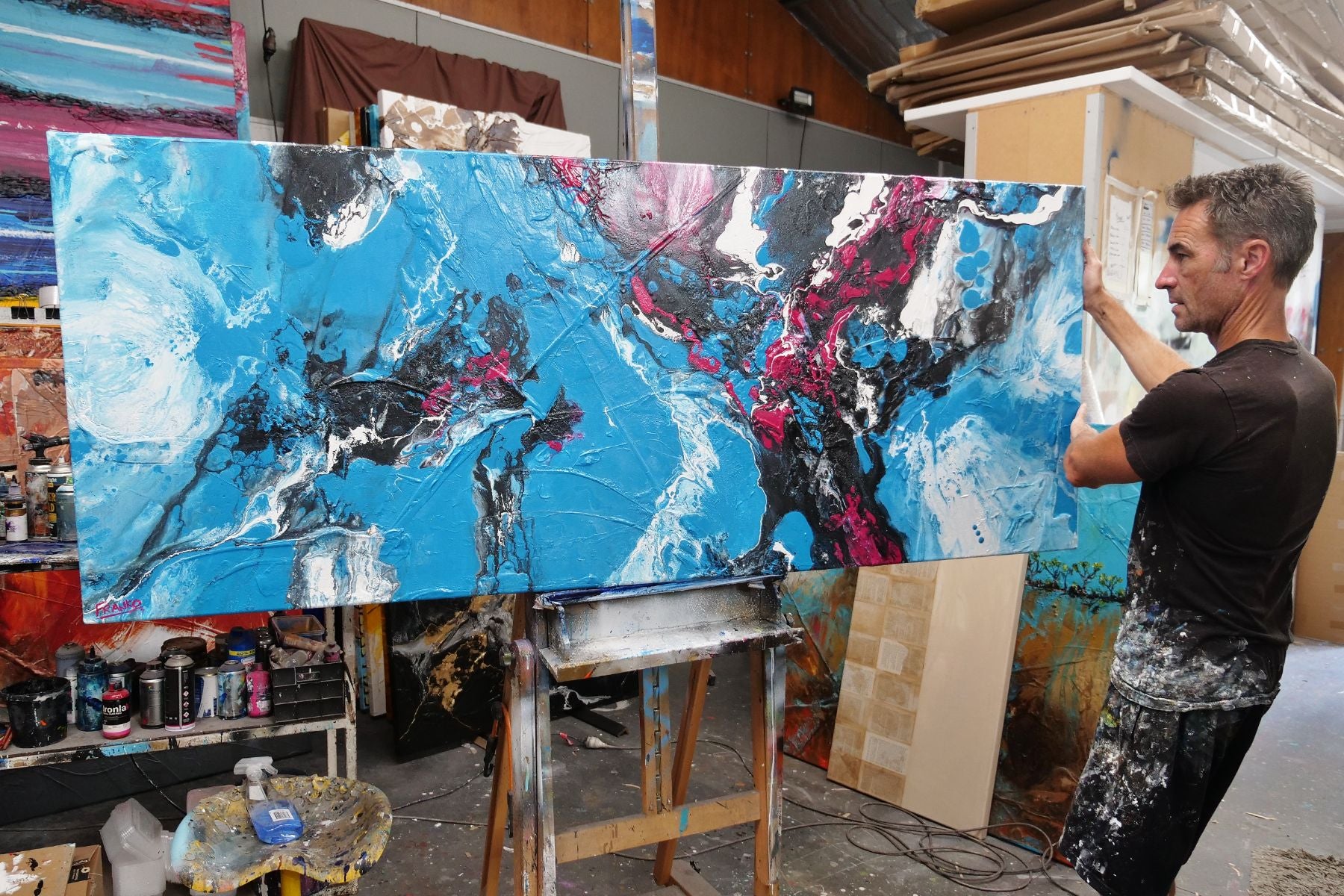 Teal Silk 200cm x 80cm Teal Magenta Textured Abstract Painting (SOLD)-Abstract-[Franko_Artist]-[The_Block]-[Dream_Homes]-[ideas]-[Grand_Designs]-[Art_Lover]-Franklin Art Studio