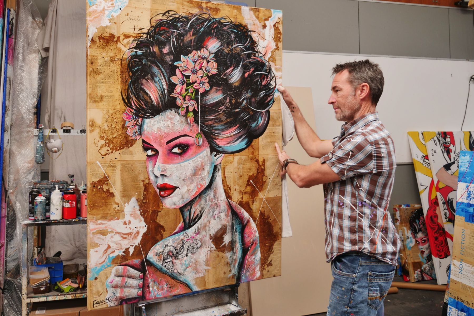 White Dragon 140cm x 100cm Euro Geisha Abstract Realism Book Club Painting (SOLD)-book club-[Franko_Artist]-[The_Block]-[Dream_Homes]-[ideas]- [Grand_Designs]-Franklin Art Studio