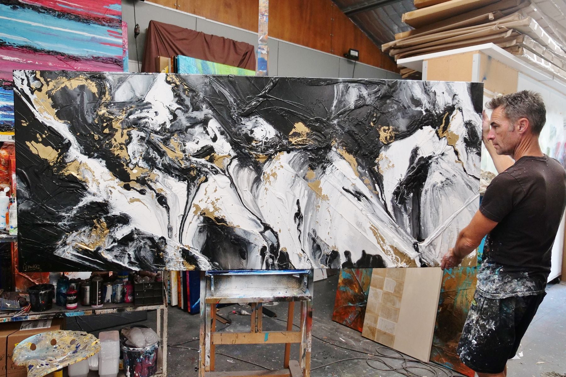 Gold Riches 240cm x 100cm Black Metallic Gold White Textured Abstract Painting (SOLD)-Abstract-[Franko_Artist]-[The_Block]-[Dream_Homes]-[ideas]- [Grand_Designs]-Franklin Art Studio