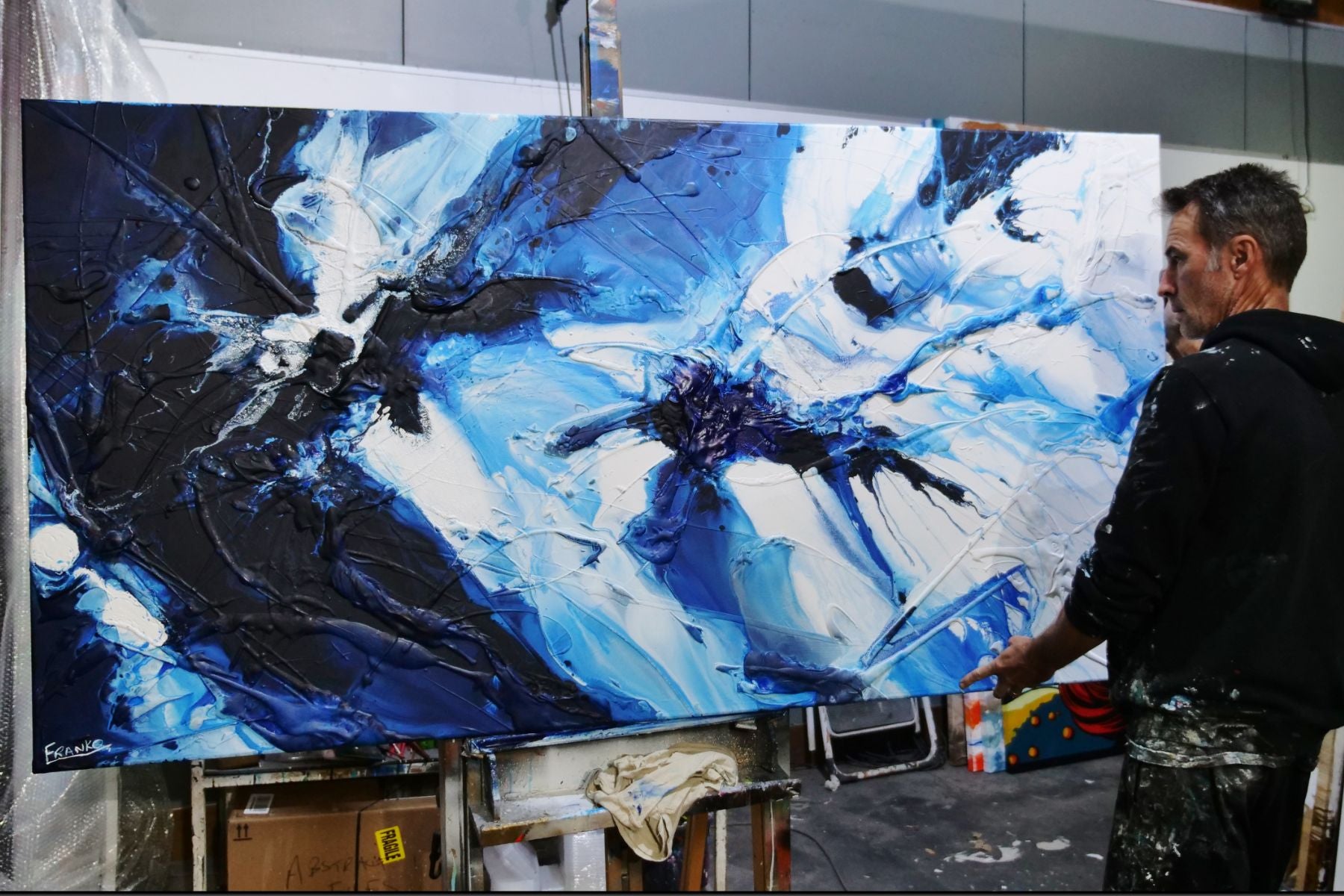 Blue Static 190cm x 100cm Blues White Black Textured Abstract Painting (SOLD)-Abstract-[Franko_Artist]-[The_Block]-[Dream_Homes]-[ideas]- [Grand_Designs]-Franklin Art Studio