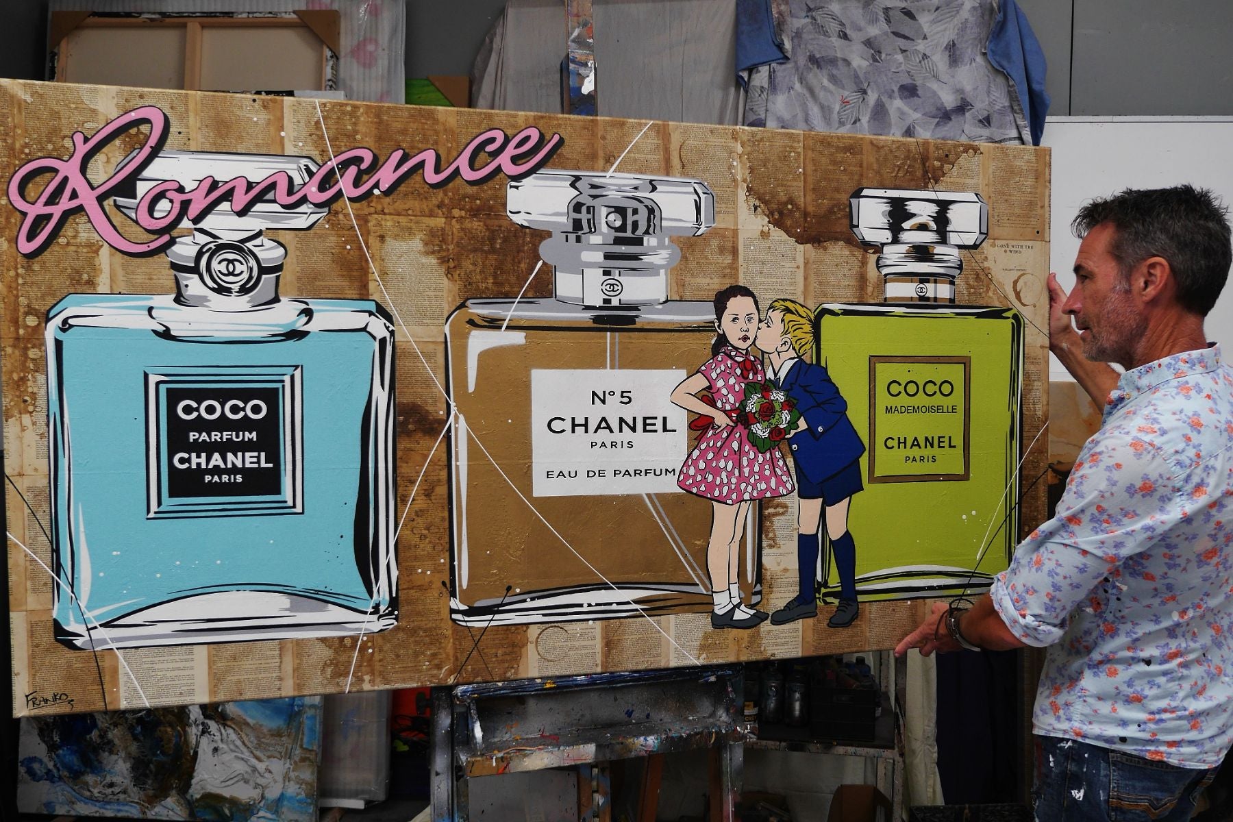 Le Kisses 190cm x 100cm Perfume Bottles Kissing Urban Pop Book Club Painting (SOLD)-book club-[Franko]-[Australian]-[Popular]-[Best Selling]-Franklin Art Studio