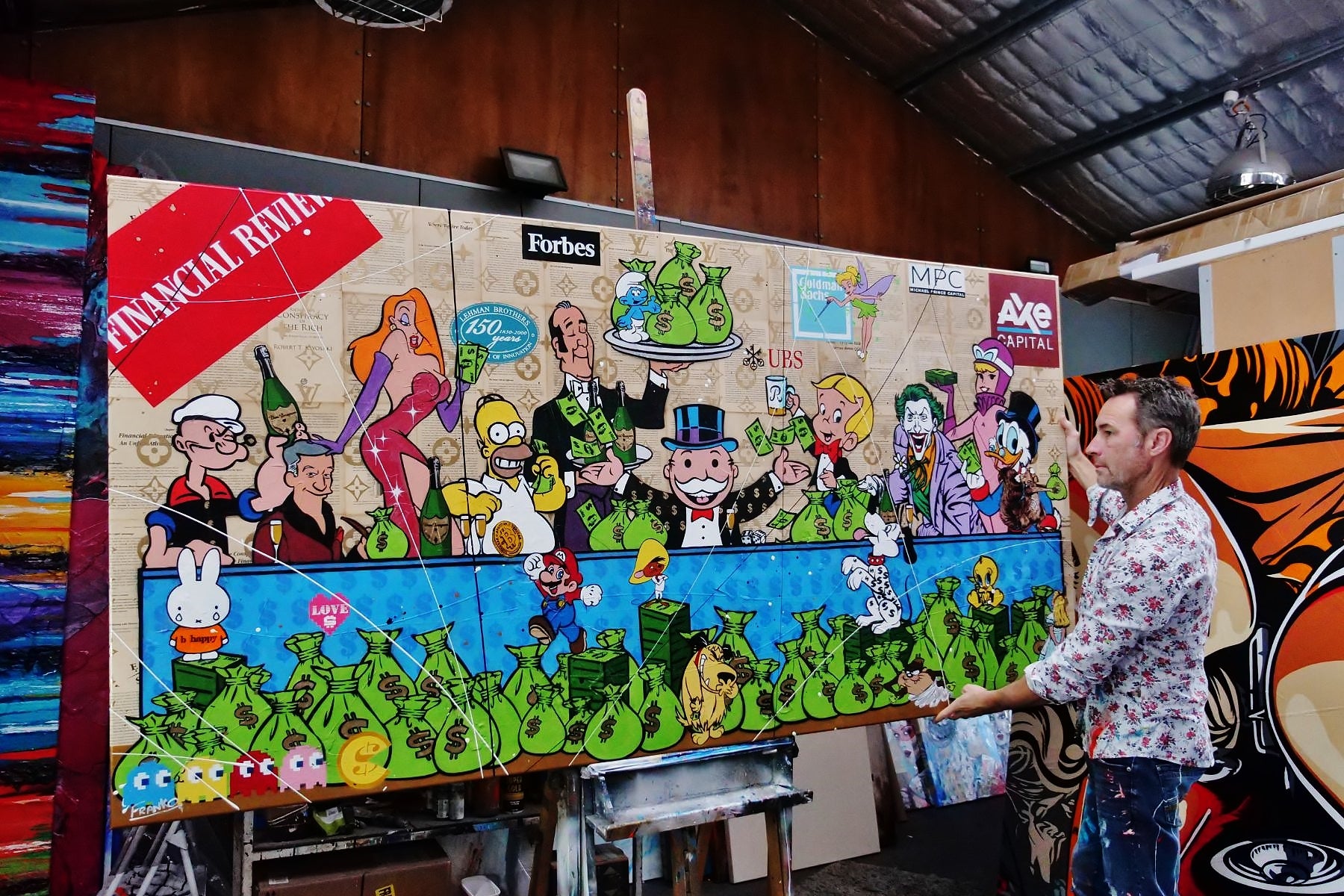 The Money Machine 240cm x 120cm Money Last Supper Urban Pop Book Club Painting-book club-[Franko]-[Australian]-[Popular]-[Best Selling]-Franklin Art Studio