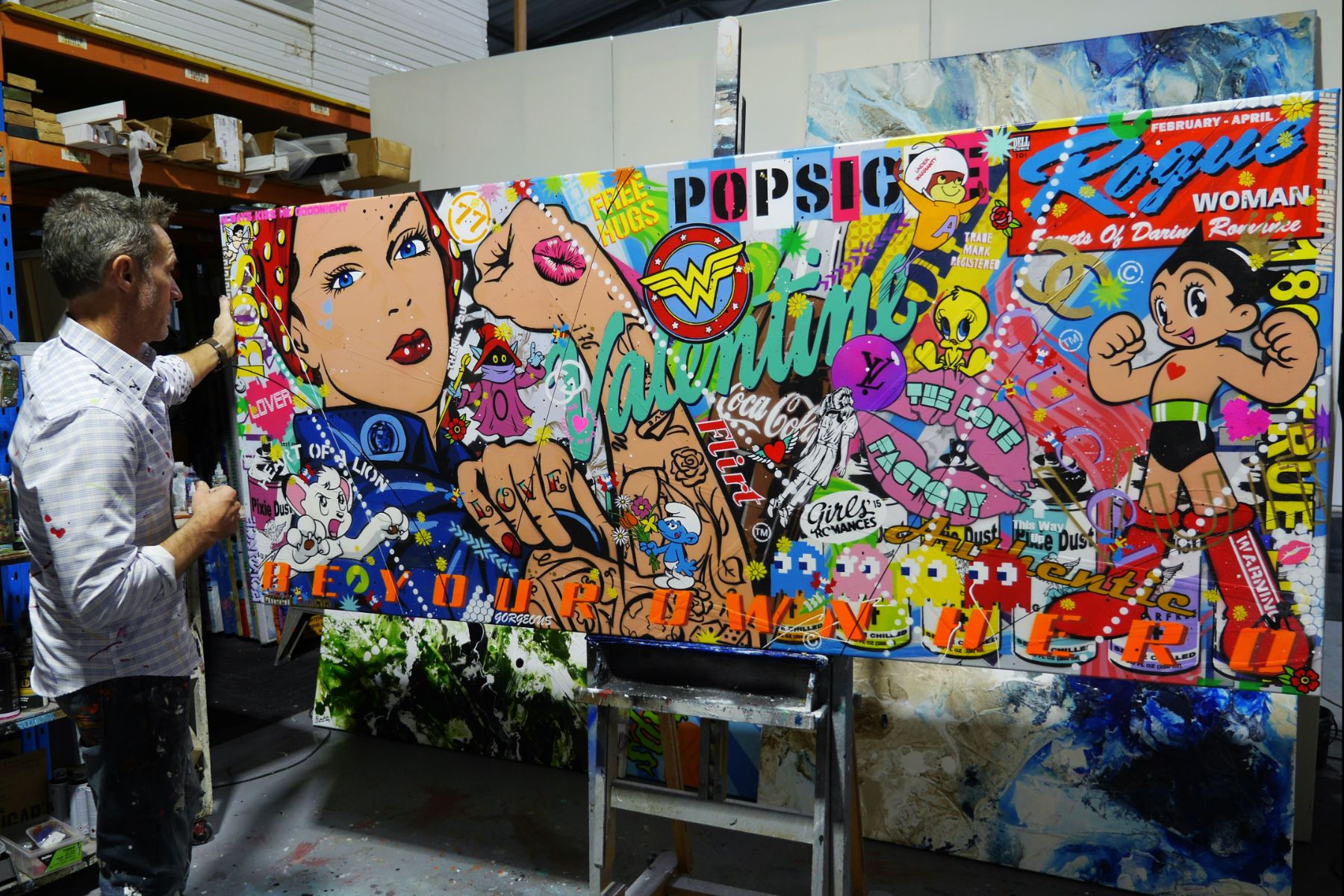 Rosie Valentine 240cm x 100cm Rosie the Riveter Textured Urban Pop Art Painting (SOLD)-Urban Pop Art-[Franko_Artist]-[The_Block]-[Dream_Homes]-[ideas]- [Grand_Designs]-Franklin Art Studio