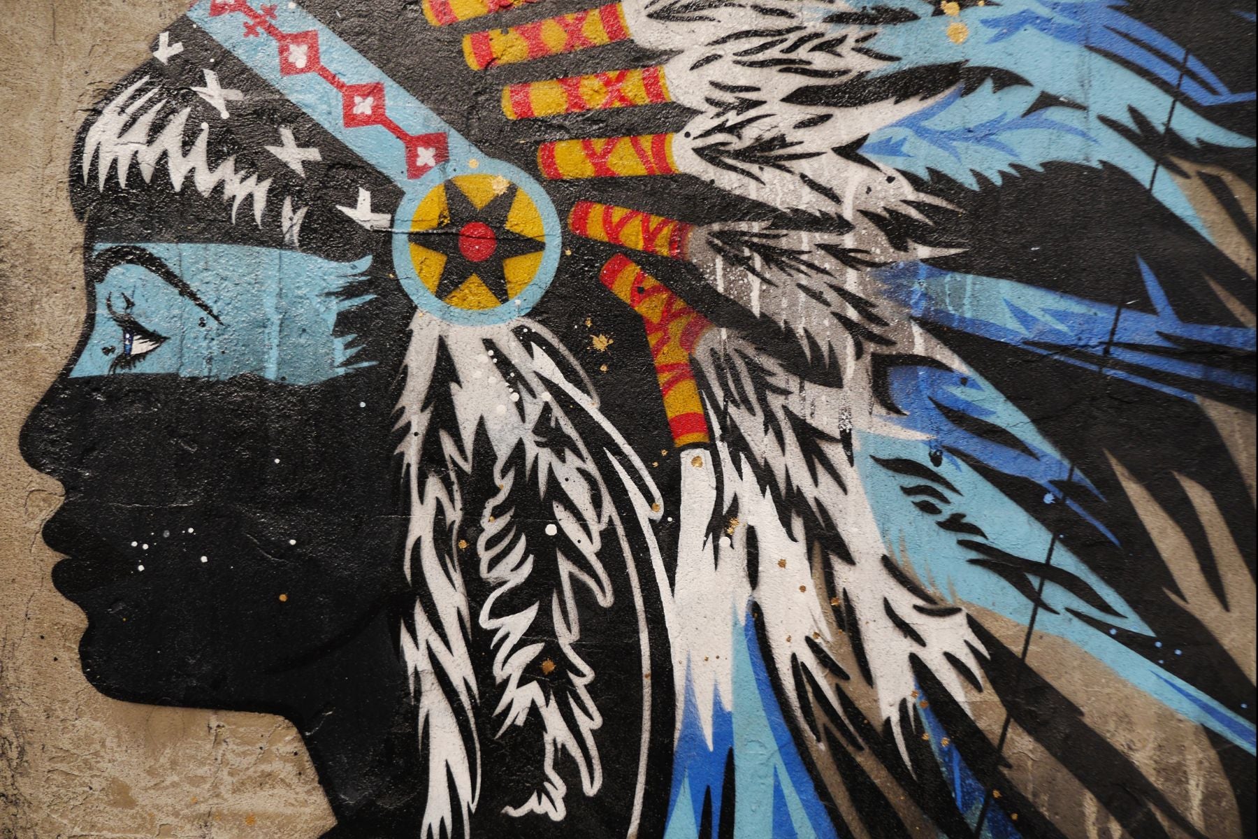 Blue Feathers 100cm x 140cm Indian Headdress Concrete Textured Urban Pop Art Painting (SOLD)