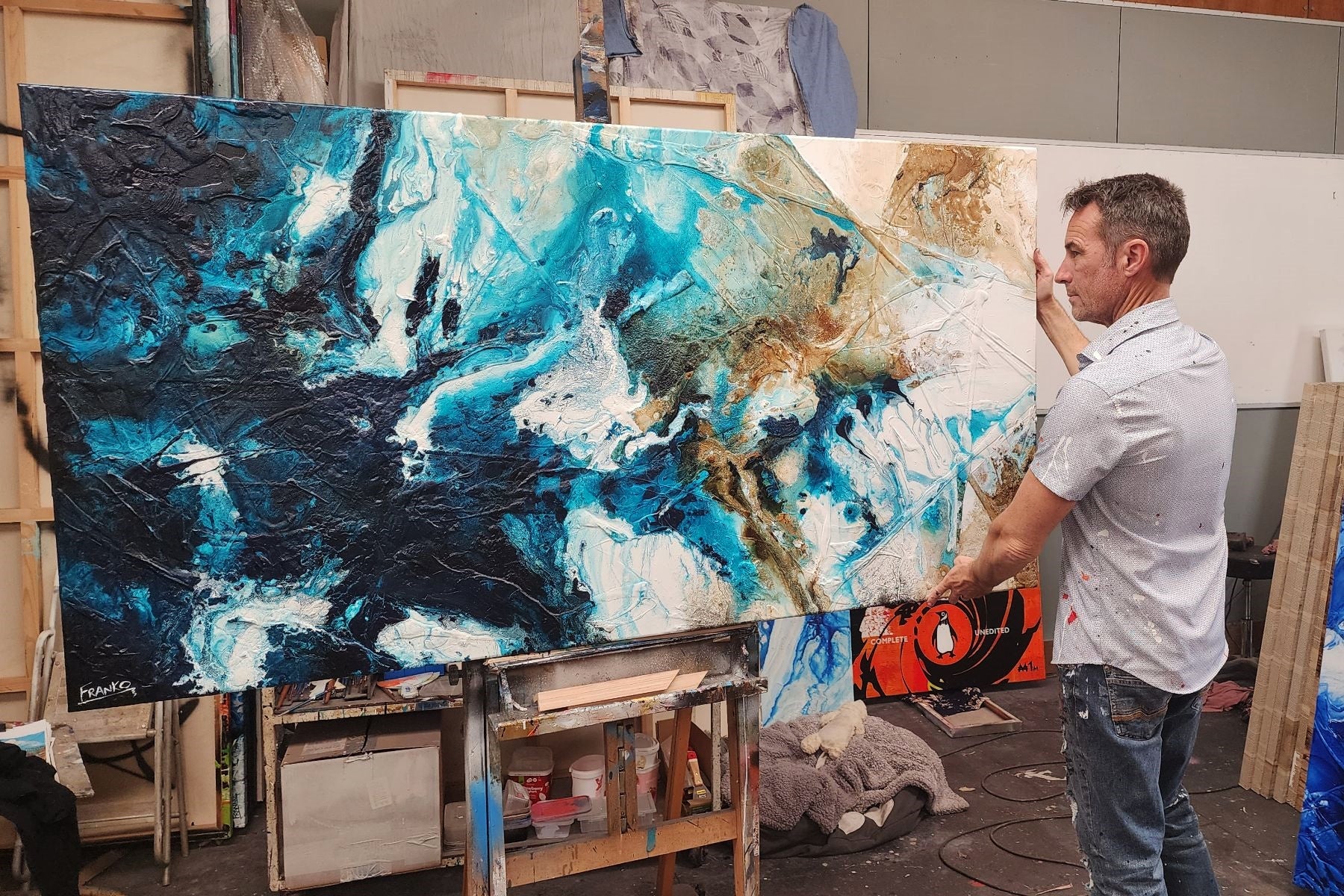 Southern Honey 190cm x 100cm Black Teal White Textured Abstract Painting (SOLD)-Abstract-[Franko_Artist]-[The_Block]-[Dream_Homes]-[ideas]- [Grand_Designs]-Franklin Art Studio