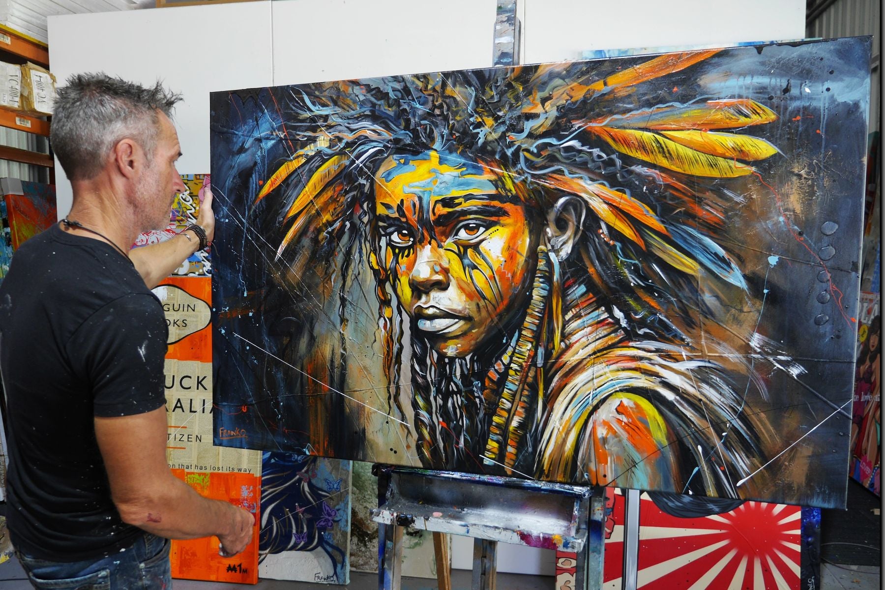 Warrior Blu 160cm x 100cm FRAMED Warrior Boy Abstract Realism Textured Painting