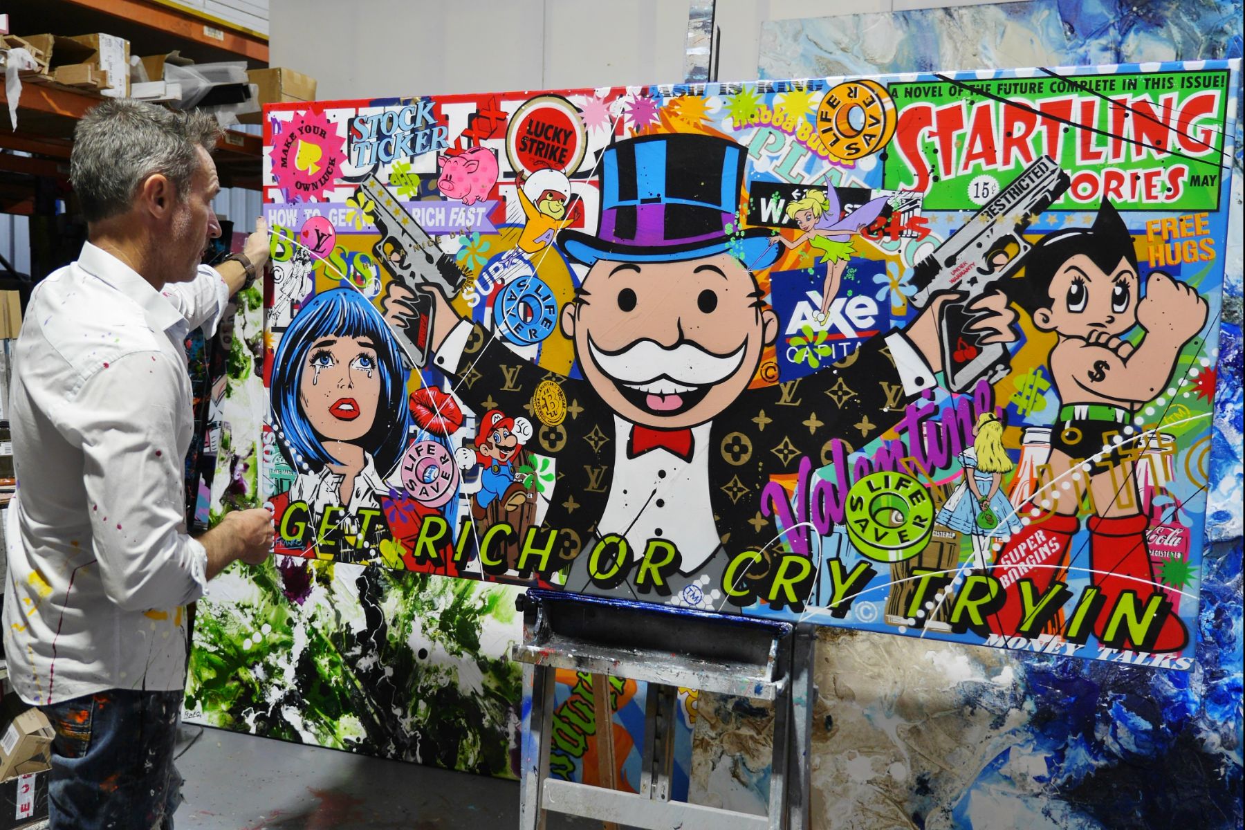 Talking Cash 190cm x 100cm Monopoly Man Textured Urban Pop Art Painting (SOLD)-Urban Pop Art-[Franko_Artist]-[The_Block]-[Dream_Homes]-[ideas]- [Grand_Designs]-Franklin Art Studio