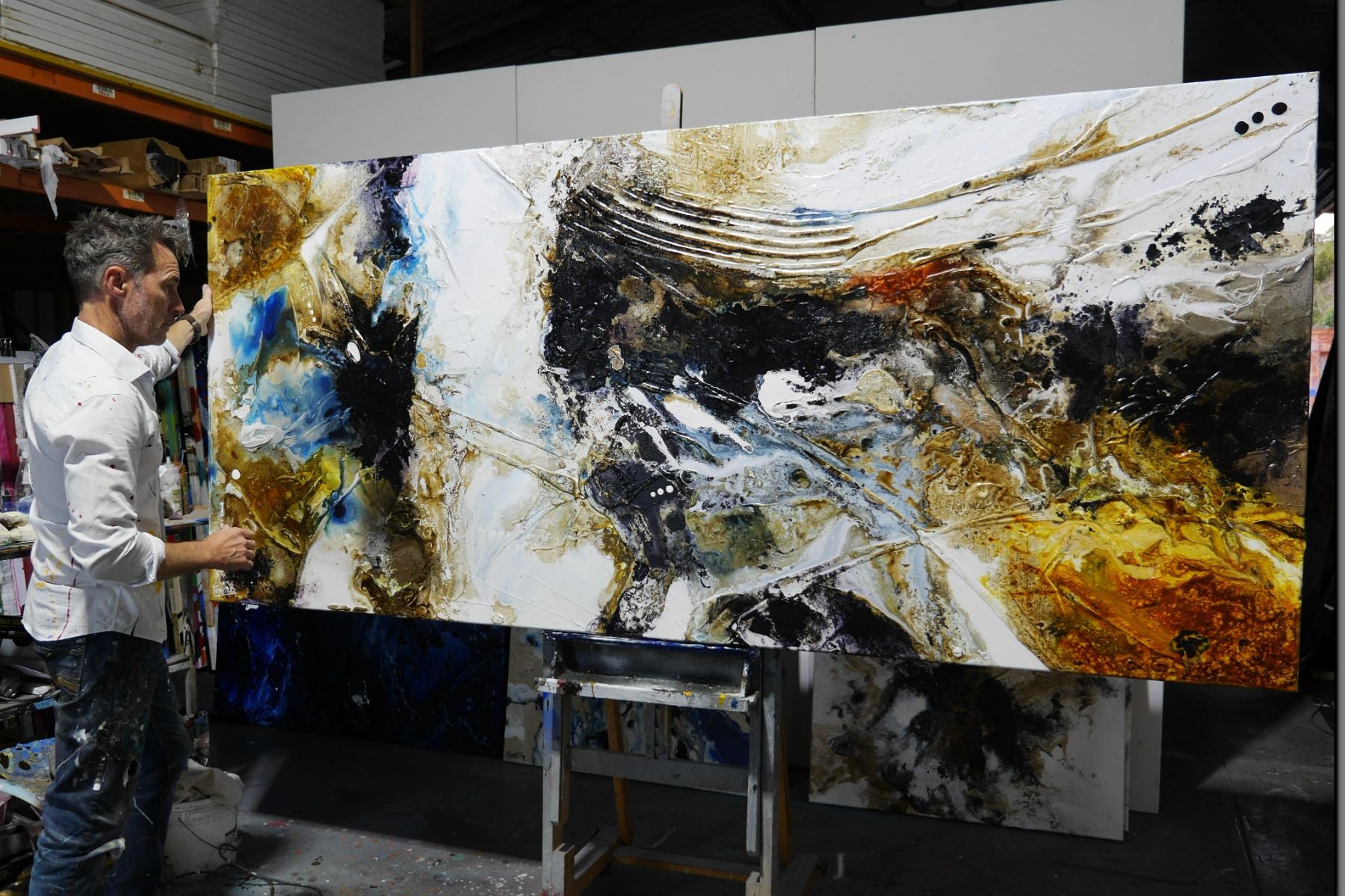 Witches Verge 270cm x 120cm White Rust Blue Ochre Textured Abstract Painting (SOLD)-Abstract-[Franko_Artist]-[The_Block]-[Dream_Homes]-[ideas]- [Grand_Designs]-Franklin Art Studio